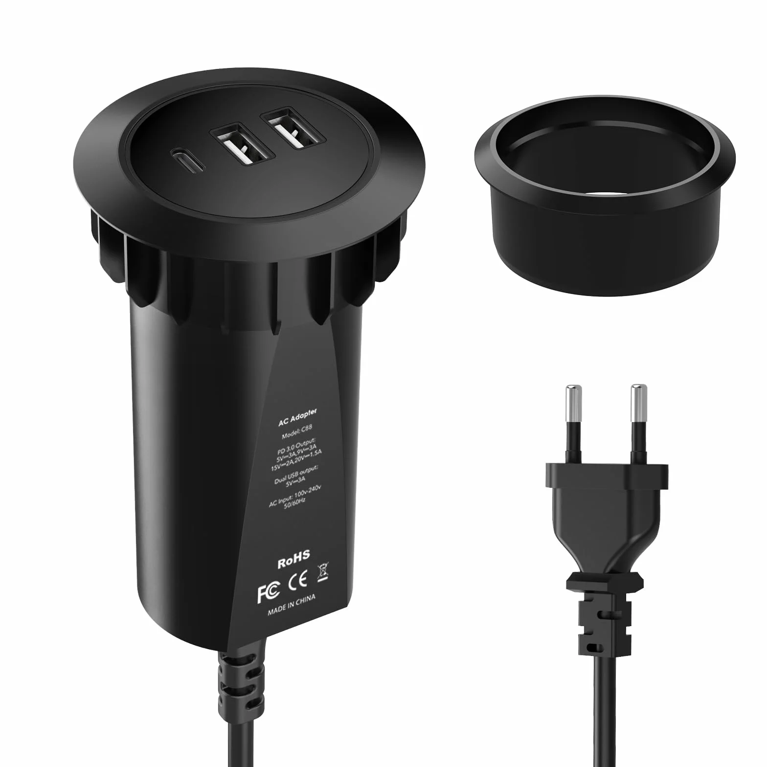 Hianjoo 45 W 3-portowe gniazdo USB do zabudowy, stacja ładująca USB do wielu urządzeń (2 x USB + 1 x typ C), ładowarka USB z wieloma portami, koncentrator USB, akcesoria biurkowe
