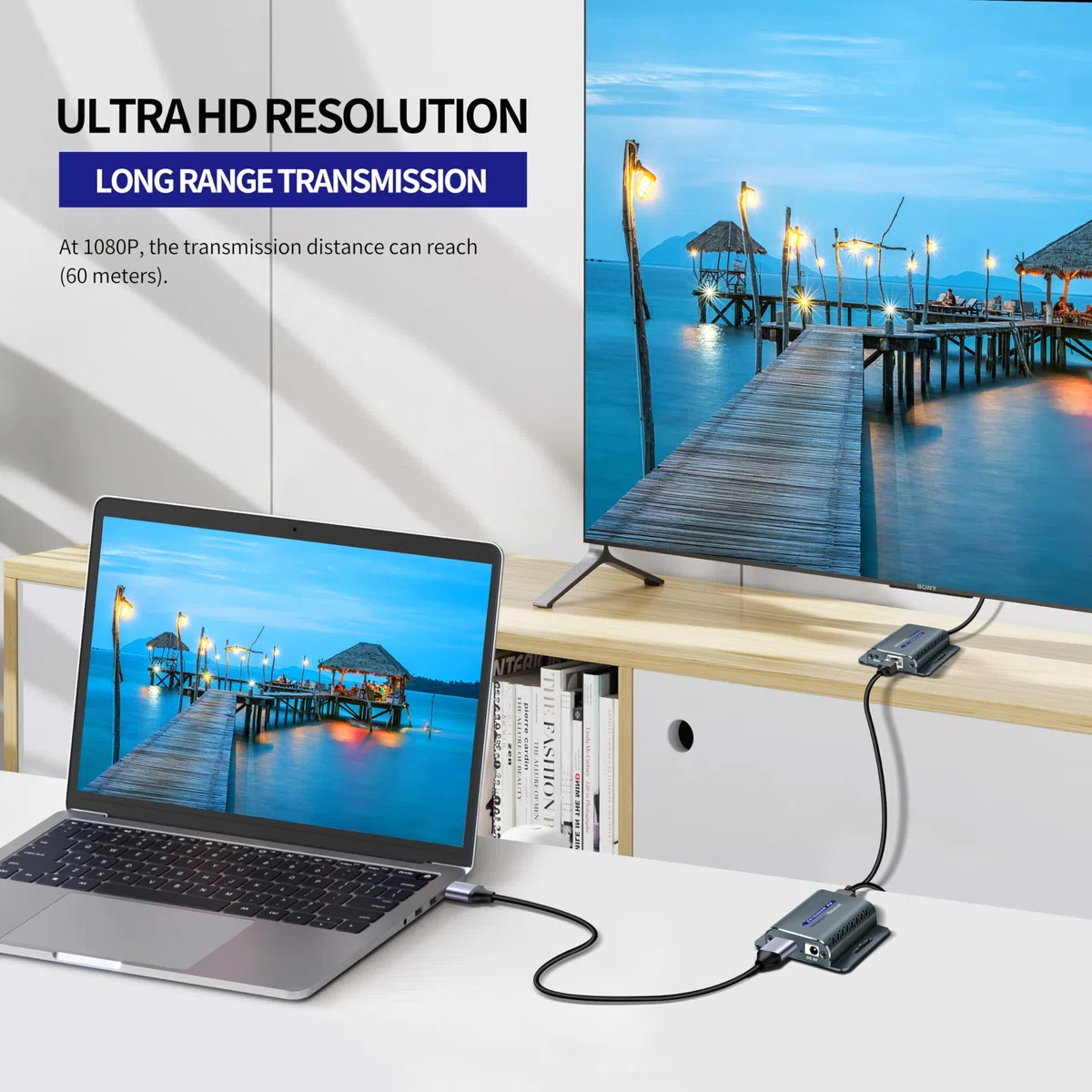 Przedłużacz HDMI 60 m/196 ft z POC 1080p @ 60 Hz 3D Wzmacniacz RJ45 na Konwerter Przez Kabel UTP Cat5e/6/7/8 OFC z Adapterem Power 5 V