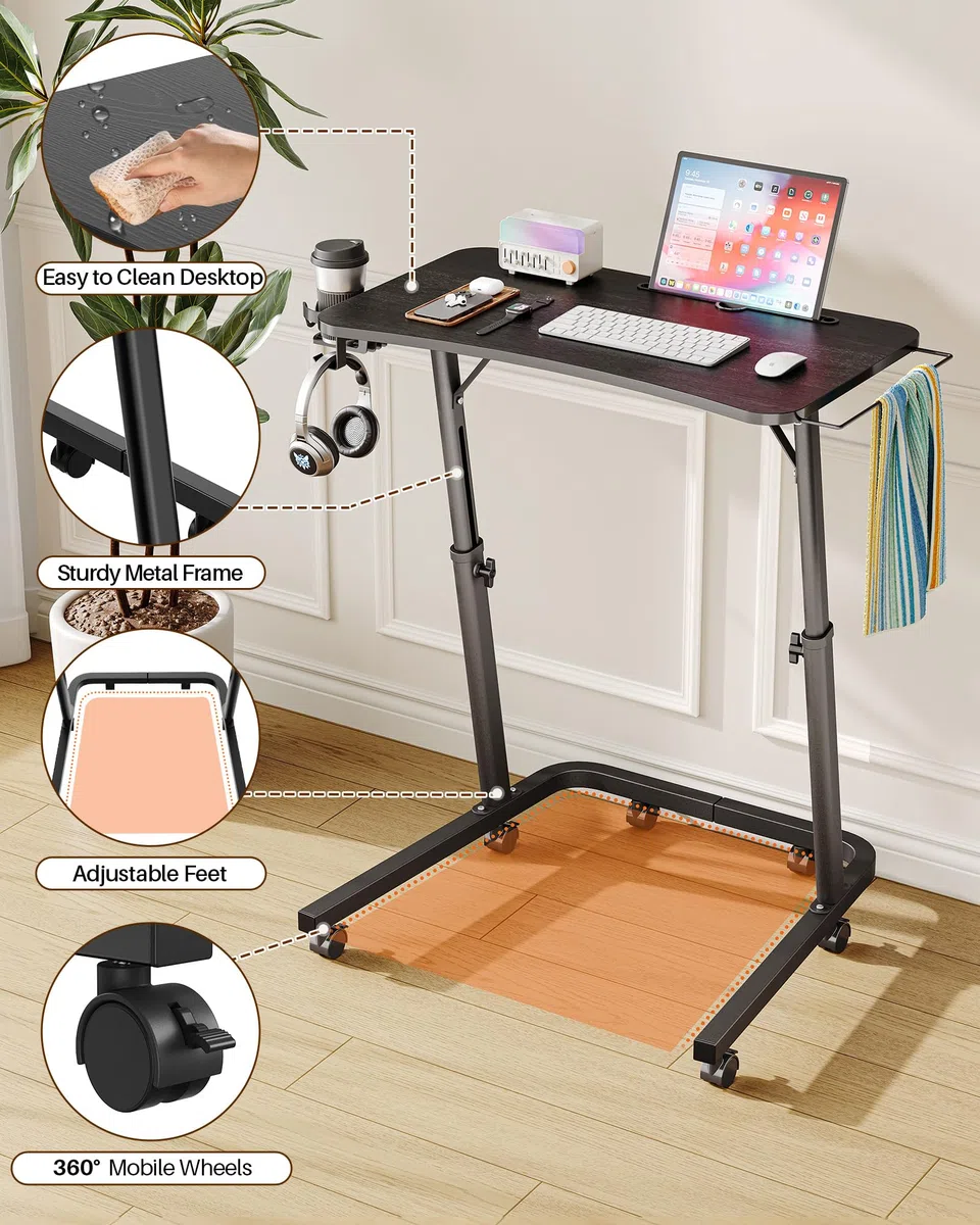 Stół do treningu rowerowego z regulacją wysokości i kółkami, stolik nocny i stolik pod laptopa, stolik pomocniczy z regulacją wysokości, do jazdy wewnątrz i bieżni z uchwytem na napoje i hakami