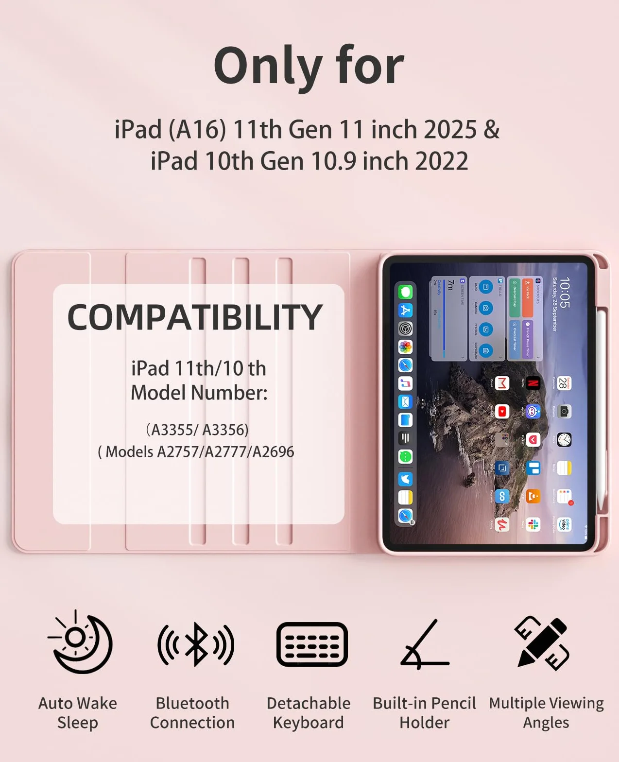 Etui na klawiaturę do iPada 11 cali 2025 A16 i iPad 10. generacji 10,9 cala 2022 z podświetlaną klawiaturą QWERTZ