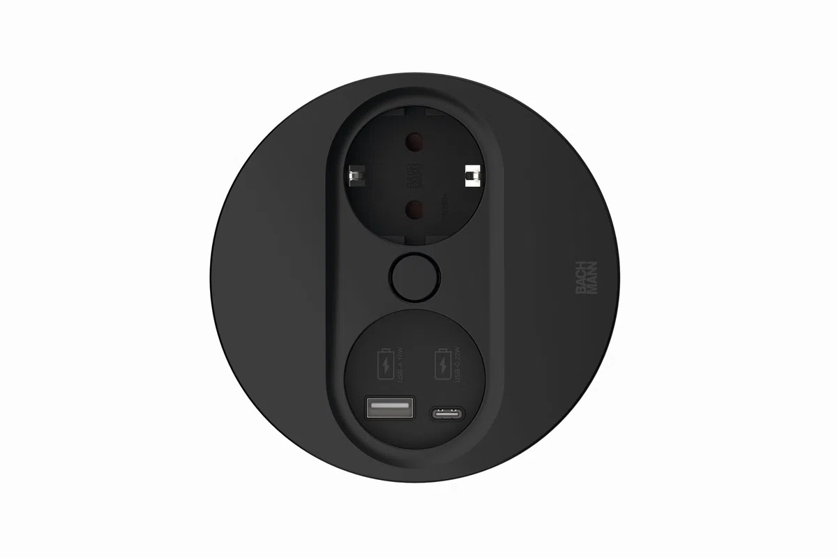 BACHMANN Gniazdko do zabudowy Twist 2, okrągłe, 1 x gniazdko z USB A i USB C, 2 m, do kuchni i biura, czarne, 946.104 (z automatycznym otwieraniem i powłoką zapobiegającą pozostawianiu odcisków palców