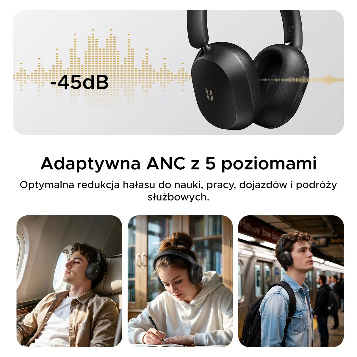 UGREEN HiTune Max5s Bluetooth Over Ear z -45 dB Hybrid-ANC | bezprzewodowe bluetooth z LDAC, Hi-Res Podwójne złoto i LDAC, 112h baterii, 5-mikrofon AI-ClearCall, Lekka konstrukcja