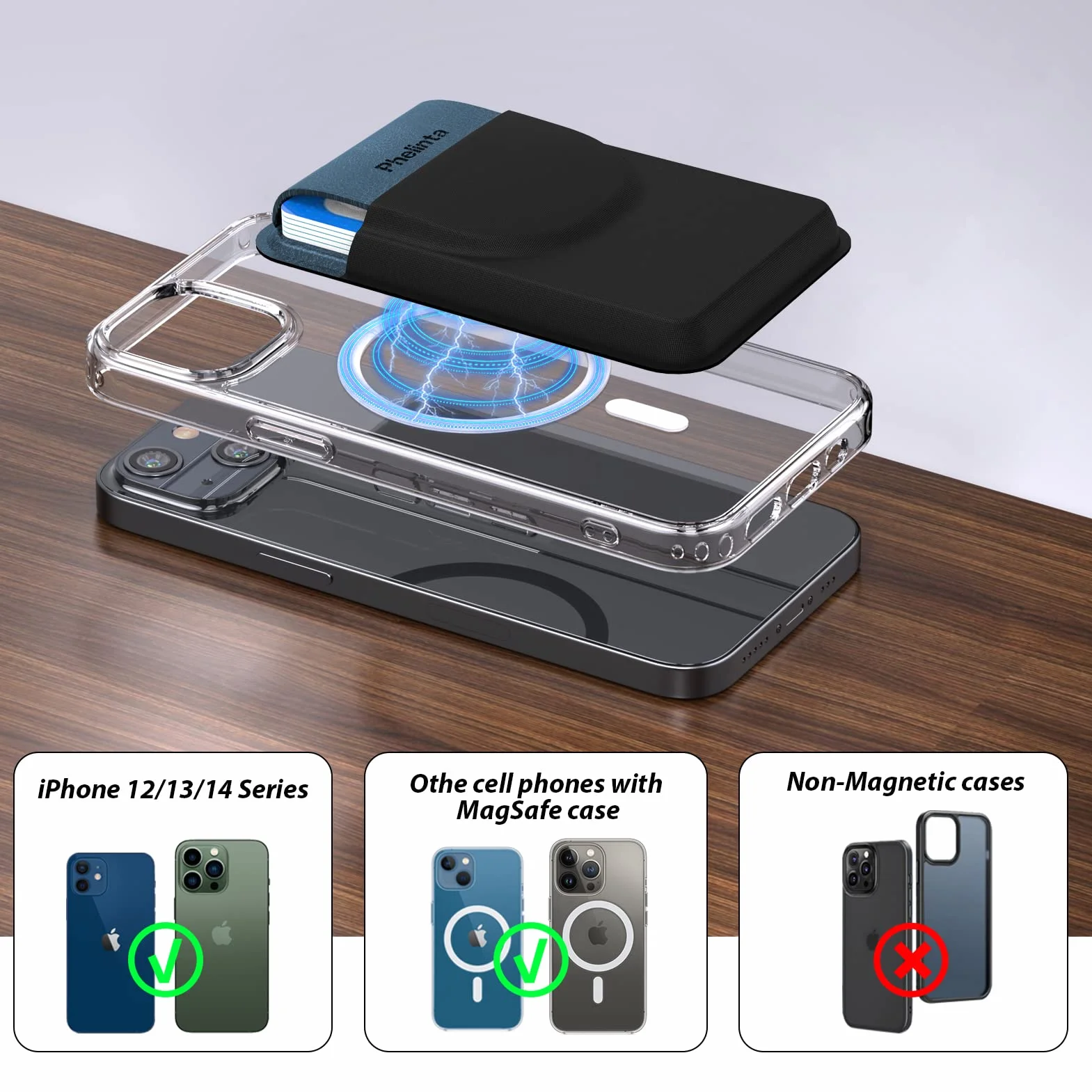 Phelinta Magnetic Wallet Kompatybilny z MagSafe Wallet dla iPhone 17/Air/16/15/14/13/12 Serii, Magnetyczny Portfel na Karty Kredytowe z Klapką, Przechowuj 5 Karty