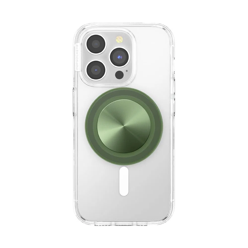 PopSockets: PopGrip Round do MagSafe – pierścień adaptera do MagSafe w zestawie – rozszerzany stojak na telefon i uchwyt z wymienną górną częścią do smartfonów i etui – Alum Radial Olive
