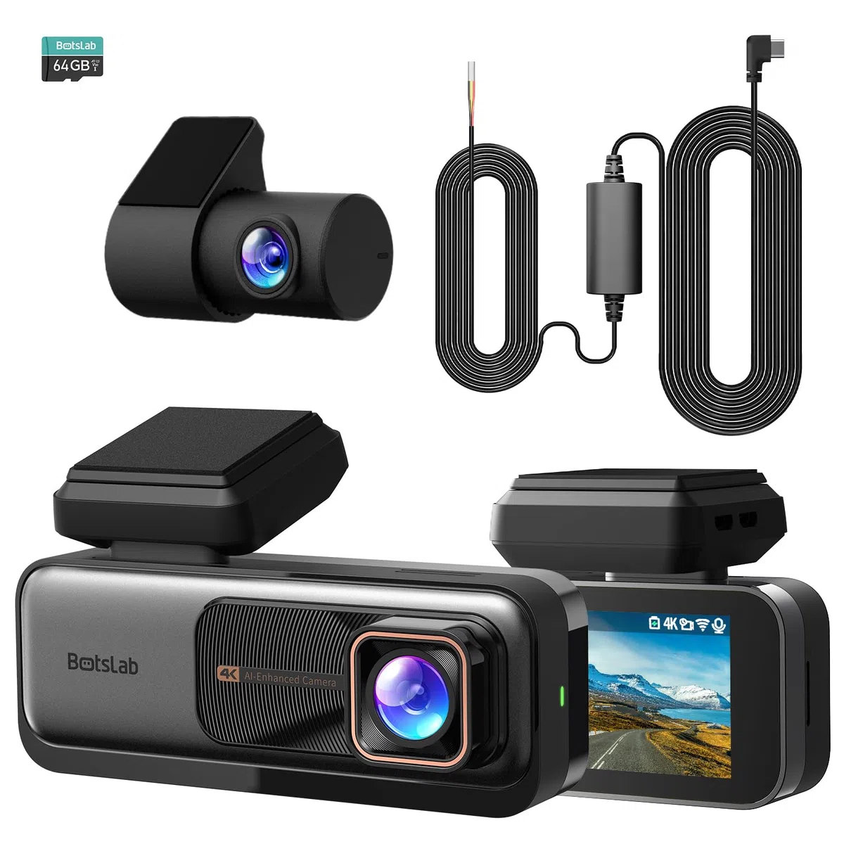 BOTSLAB przednia i tylna kamera samochodowa 4K+2K z GPS WiFi i zestawem hardwire, kamera samochodowa z ADAS, bezpłatna karta 64 GB, monitorowanie parkowania 24/7, IPS 2,45", noktowizor, WDR, szeroki