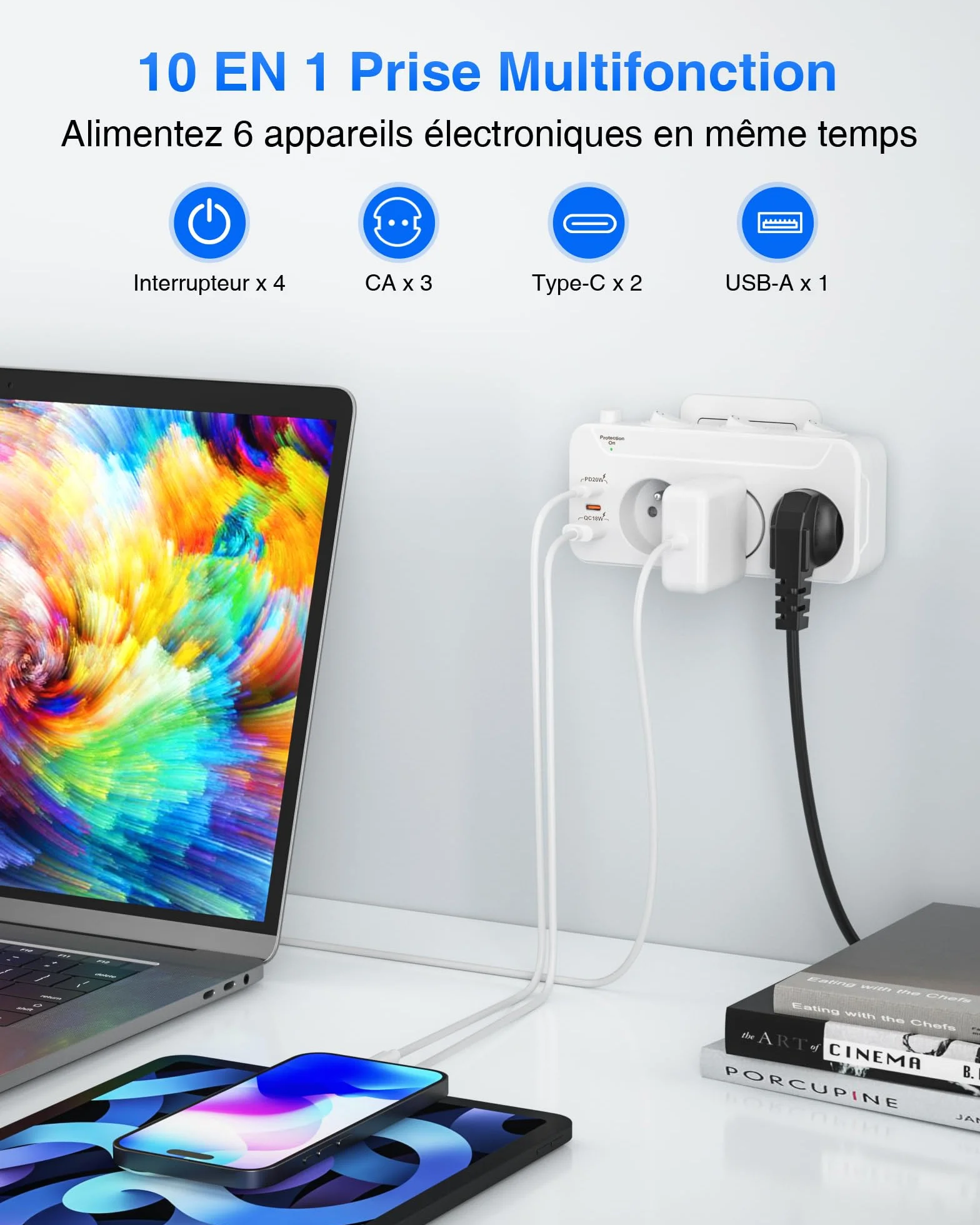 Listwa Zasilająca 3 Gniazdo, PD20W Wielokrotne Gniazdo z Wyłącznikami,Listwa Zasilająca Przeciwprzepięciowa 3 Gniazda Elektryczne,Rozdzielacz Elektryczny Adapter do Gniazdka z Type-c,Biały