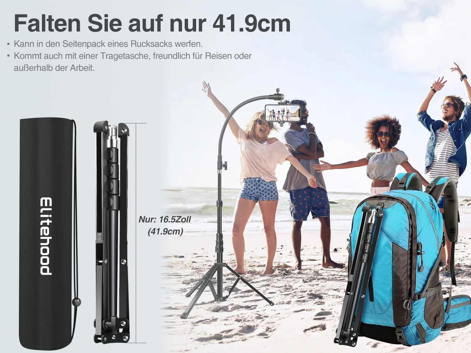 Elitehood Statyw o wysokości 205 cm do iPhone'a i Androida, elastyczny stojak na telefon z regulowaną gęsią szyją 43 cm, wytrzymały metalowy statyw do iPhone 14 Pro Max / 13/12