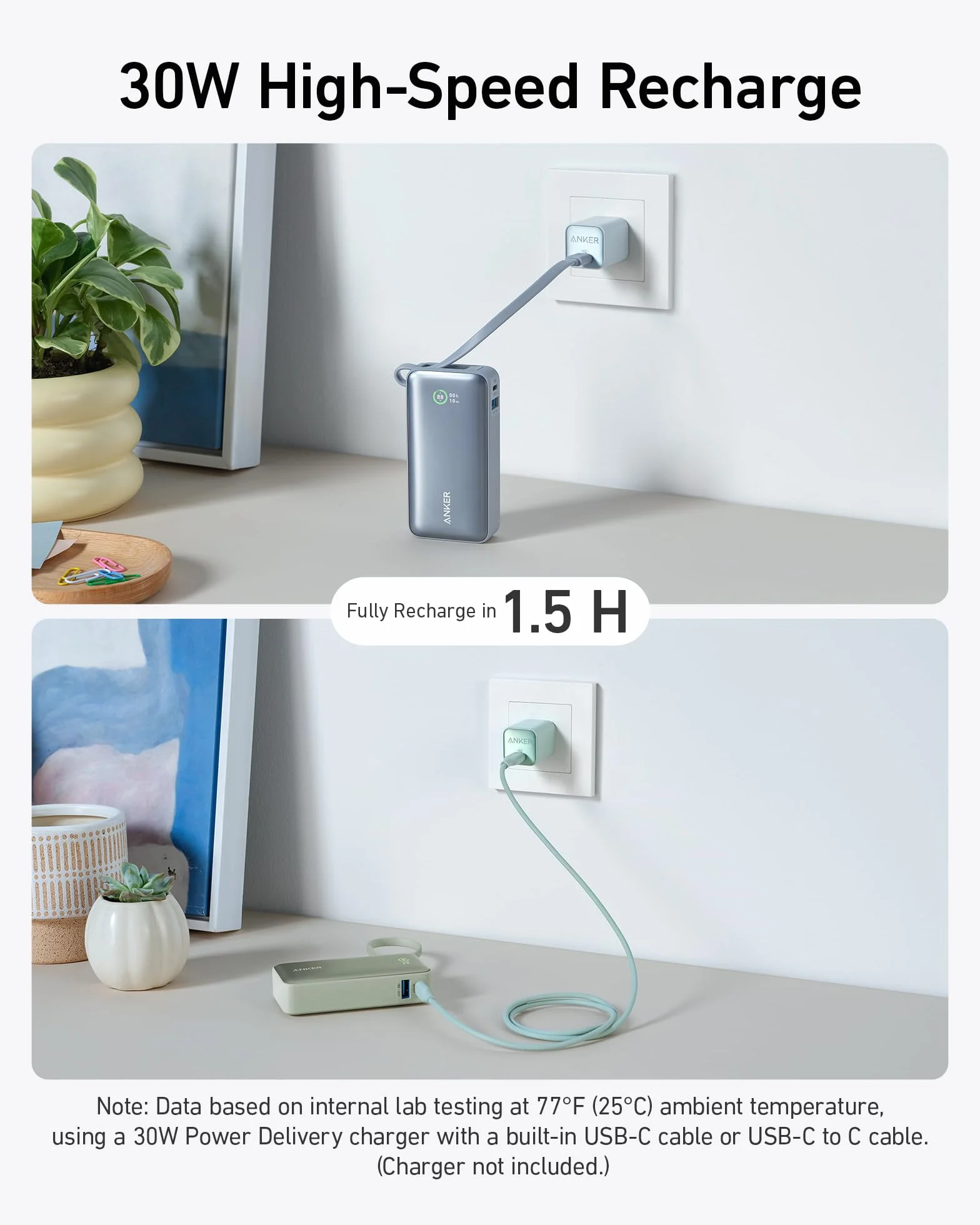 Anker Nano Powerbank, 10 000 mAh Powerbank z wbudowanym kablem USB-C, PD 30 W maksymalna moc z 1 x USB-C, 1 x USB-A, kompatybilny z iPhone 16/15/14, MacBook, Galaxy, iPad, AirPods i innymi