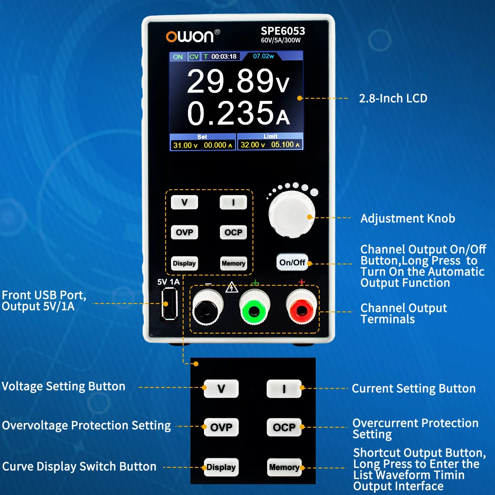 OWON 6053 Zasilacz DC, 300 W, 60 V/5 A, wysoka rozdzielczość przy 10 mV/1 mA, przenośny zasilacz stołowy z TFT LCD, jednokanałowy zasilacz przełączający do testowania, naprawy i badań elektronicznych