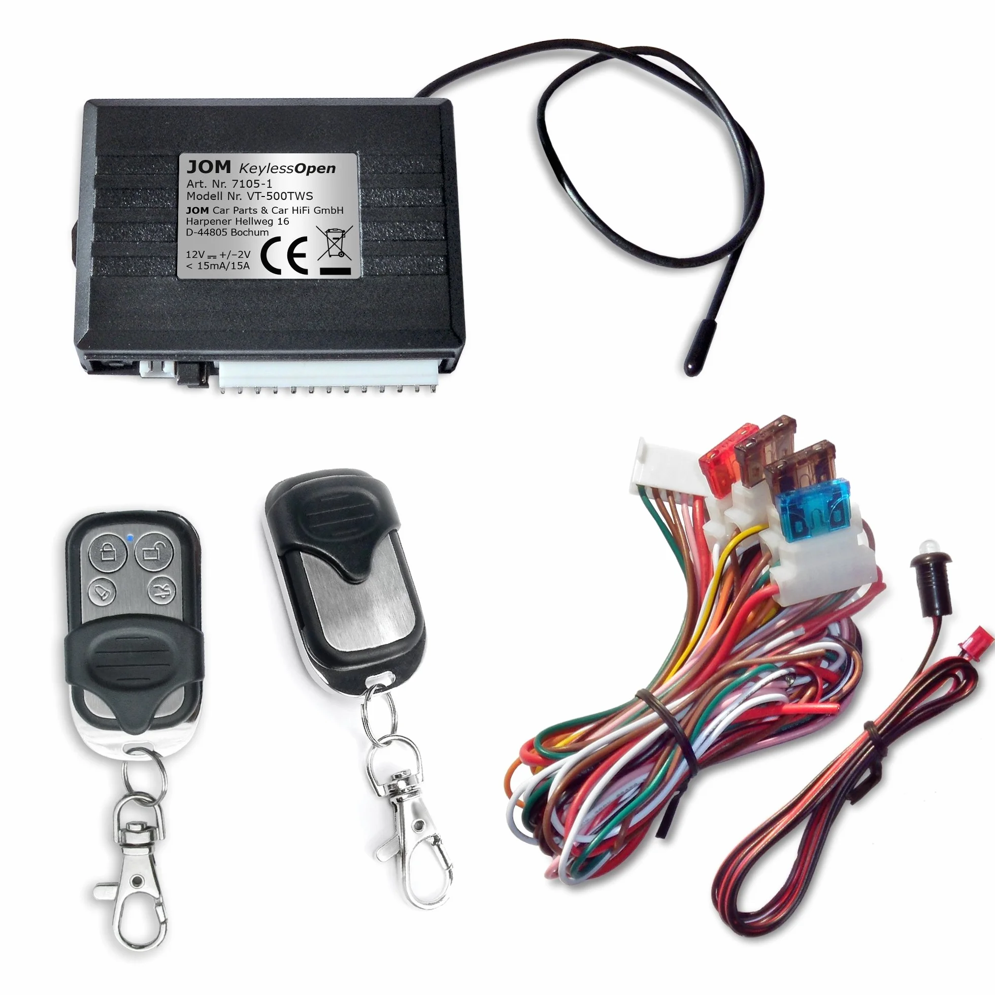 JOM Car Parts & Car Hifi GmbH 7105-1 Keyless Open, pilot zdalnego sterowania do oryginalnego zamka centralnego, uniwersalny, z 2 mini nadajnikami radiowymi ze stali nierdzewnej