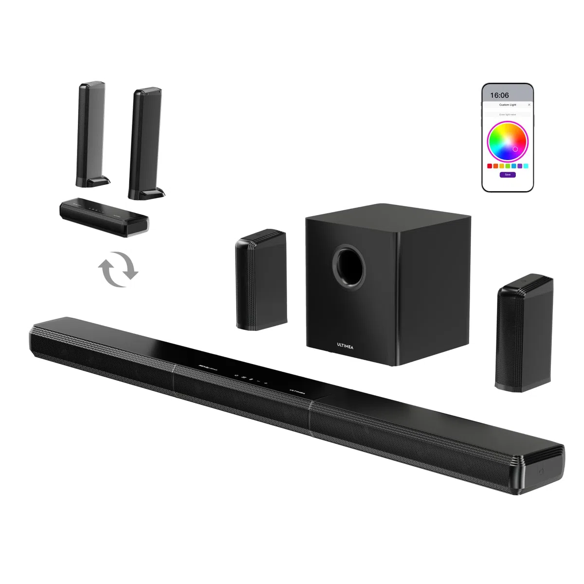 ULTIMEA System dźwięku przestrzennego 9,1 ch do telewizora z 2 głośnikami tylnymi, odłączany soundbar z subwooferem, soundbar RGB, maksymalna moc 470 W, 6,5-calowy subwoofer, HDMI/OPT/AUX/BT, Apollo