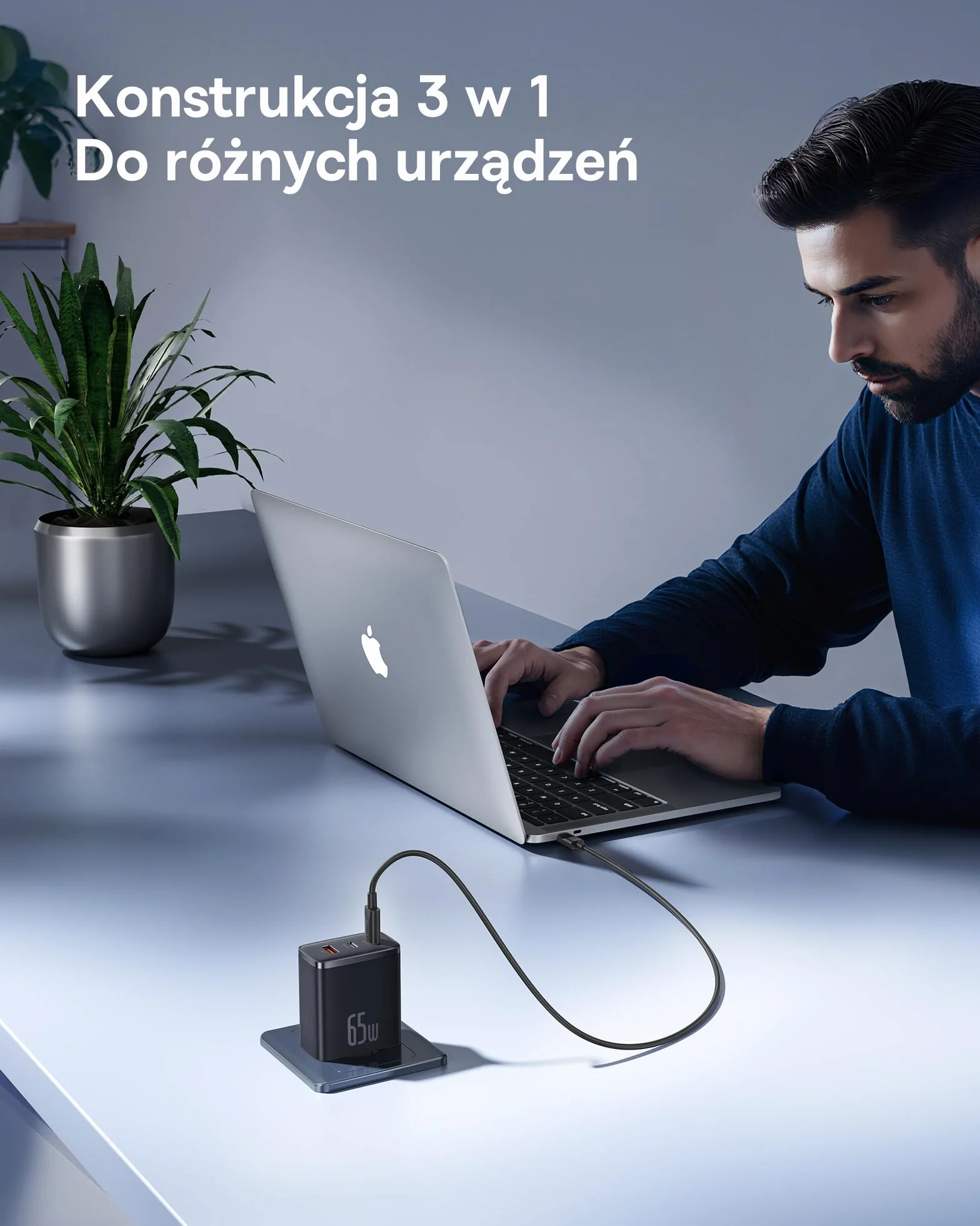 Baseus Ładowarka USB C, 65 W, zasilacz USB C, 3-portowy ładowarka PD, ładowarka z PPS, GaN szybka ładowarka kompatybilna z MacBook Pro/Air, iPhone 15/14/13/12, iPad Pro, Galaxy S23 Ultra, S23+, S23,