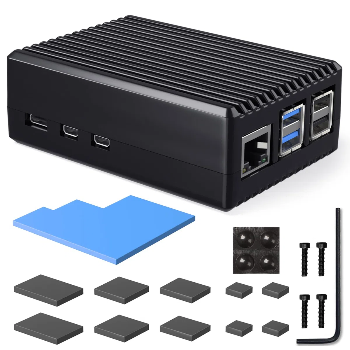 Miuzei Aluminiowa obudowa do Raspberry Pi 5, Heavy Duty z wkładami chłodzącymi do Raspberry Pi 5 16/8/4 GB, czarne paski, cicha praca