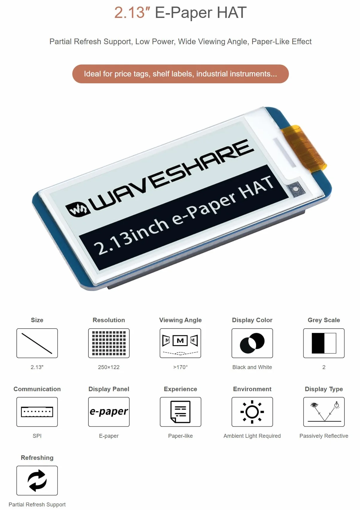 Waveshare Rozdzielczość 250 x 122, 2,13 cala, wyświetlacz e-papierowy, HAT, ekran E-Ink, moduł LCD, interfejs SPI z wbudowanym kontrolerem do Raspberry Pi 2B 3B 3B+ 4B Zero W/Ardui/STM32/Jetson Nano