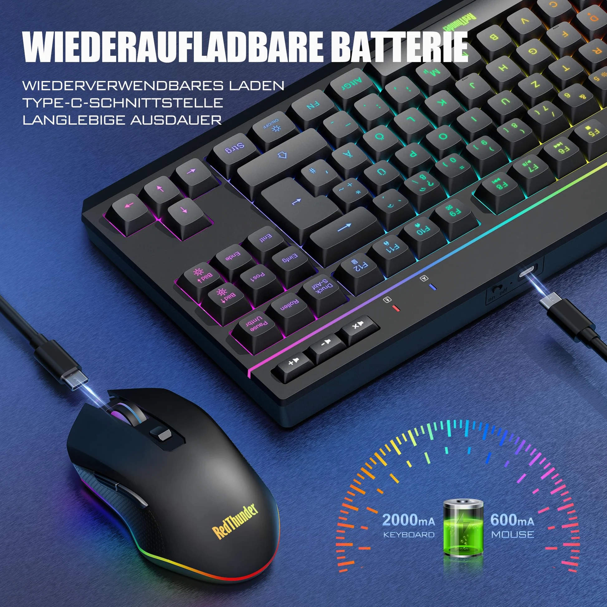 RedThunder Zestaw 75% bezprzewodowej klawiatury i myszy, QWERTZ 94 klawisze TKL, RGB, ładowalna klawiatura radiowa z klawiszami funkcyjnymi multimedialnymi, mysz optyczna 7D do PC Xbox PS5, biura