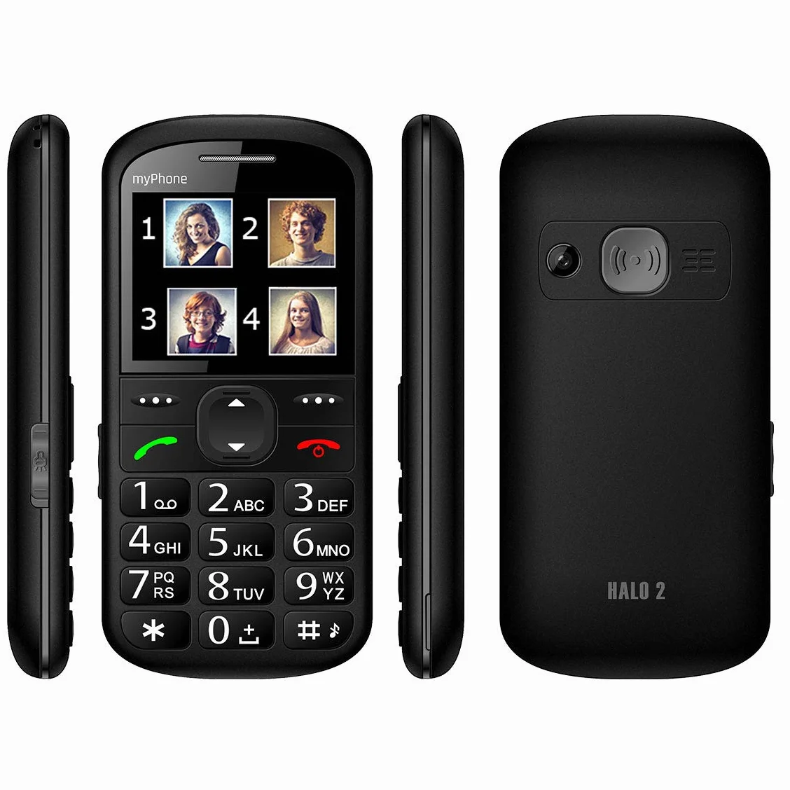 myPhone Halo 2 klasyczny telefon dla seniora babci dziadka z bazą ładującą, przycisk SOS, duże klawisze, duży wyświetlacz 2,2 cala, fotokontakty, aparat, przycisk SOS - czarny