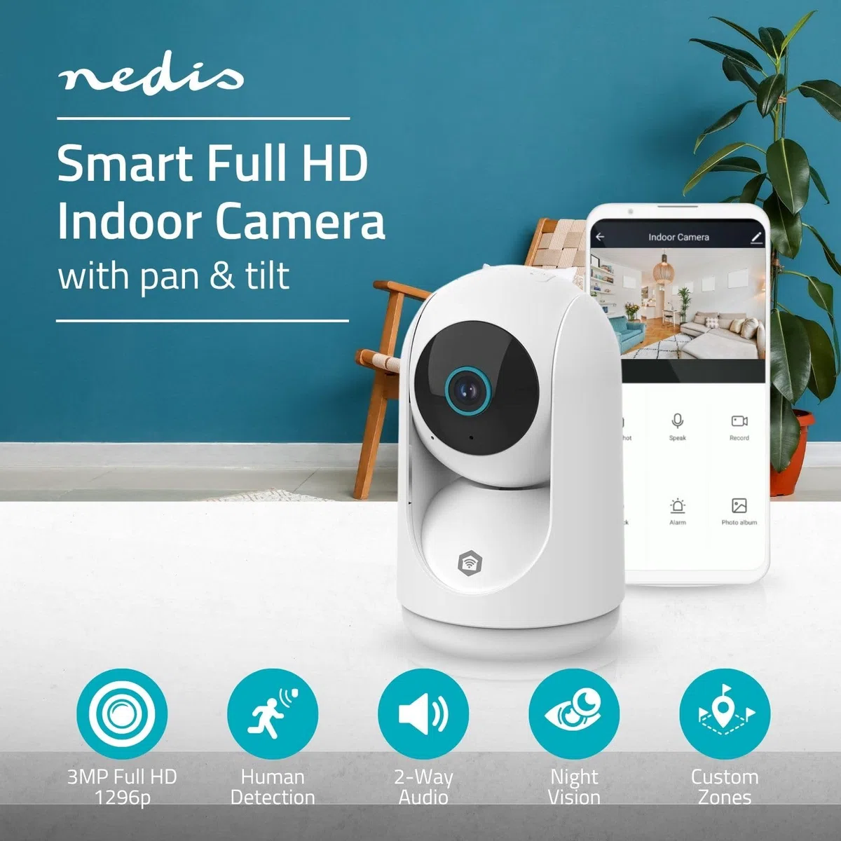 NEDIS Inteligentna kamera wewnętrzna Wi-Fi Pan Tilt, 3 MP Full HD 1296p, noktowizor, wykrywanie ruchu i wykrywanie ludzi, strefy konfigurowalne, dwukierunkowe audio, przechowywanie w chmurze lub