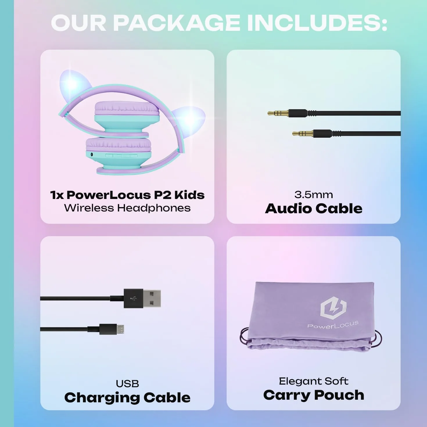 PowerLocus Dziecięce słuchawki douszne, Bluetooth z ograniczeniem głośności 85 dB, składane, z torbą do noszenia, bezprzewodowe słuchawki nauszne i kabel z mikrofonem, trybem micro SD do telefonu