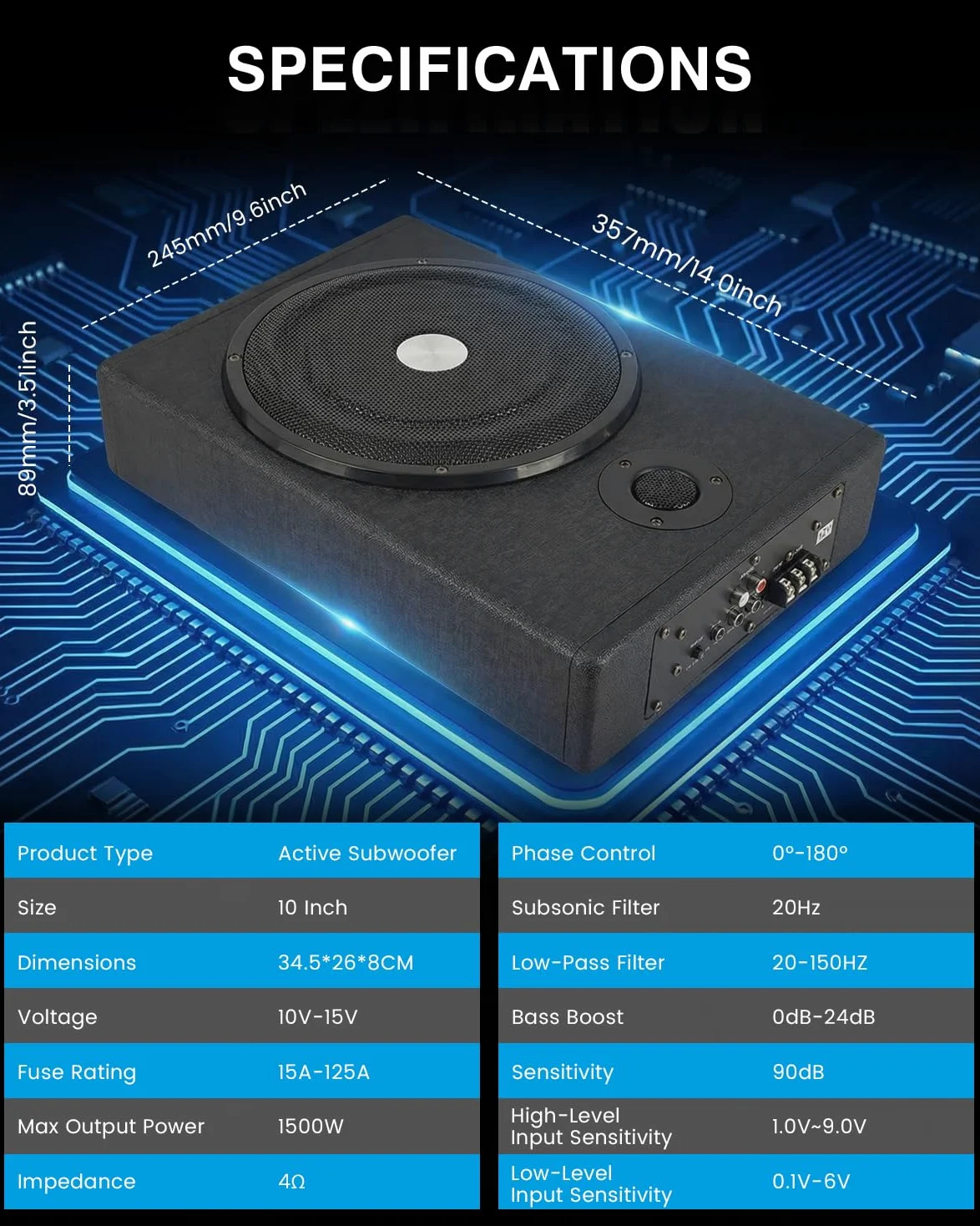 Aktywny subwoofer, ultrapłaski subwoofer samochodowy, odpowiedni do samochodu/ciężarówki, ze zintegrowanym wzmacniaczem, możliwość montażu pod siedzeniami, maksymalna moc 1500 W, kompaktowy