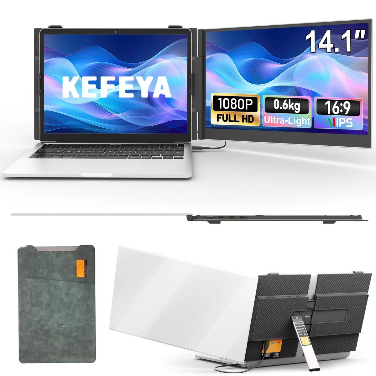 KEFEYA 14,1" Monitor Przenośny, 0,6kg Ultra Fine FHD 1920P Ekran Przenośny dla Komputera dla Laptopa, Monitor dla Laptopa, 13,3"-17,3", Plug & Play Mac/Windows/Samsung Dex/Huawei