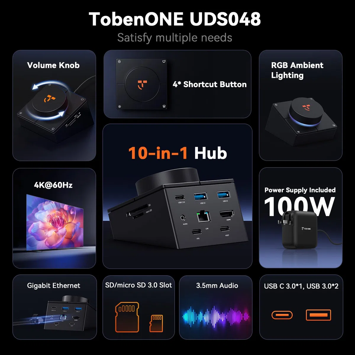 TobenONE Hub USB C 10 w 1 z klawiszami skrótów, pokrętłem głośności, HDMI 4K | 100 W PD, 3 USB, Ethernet, Audio, SD/microSD, stacja dokująca do laptopa MacBook, Windows, Chrome, iPad