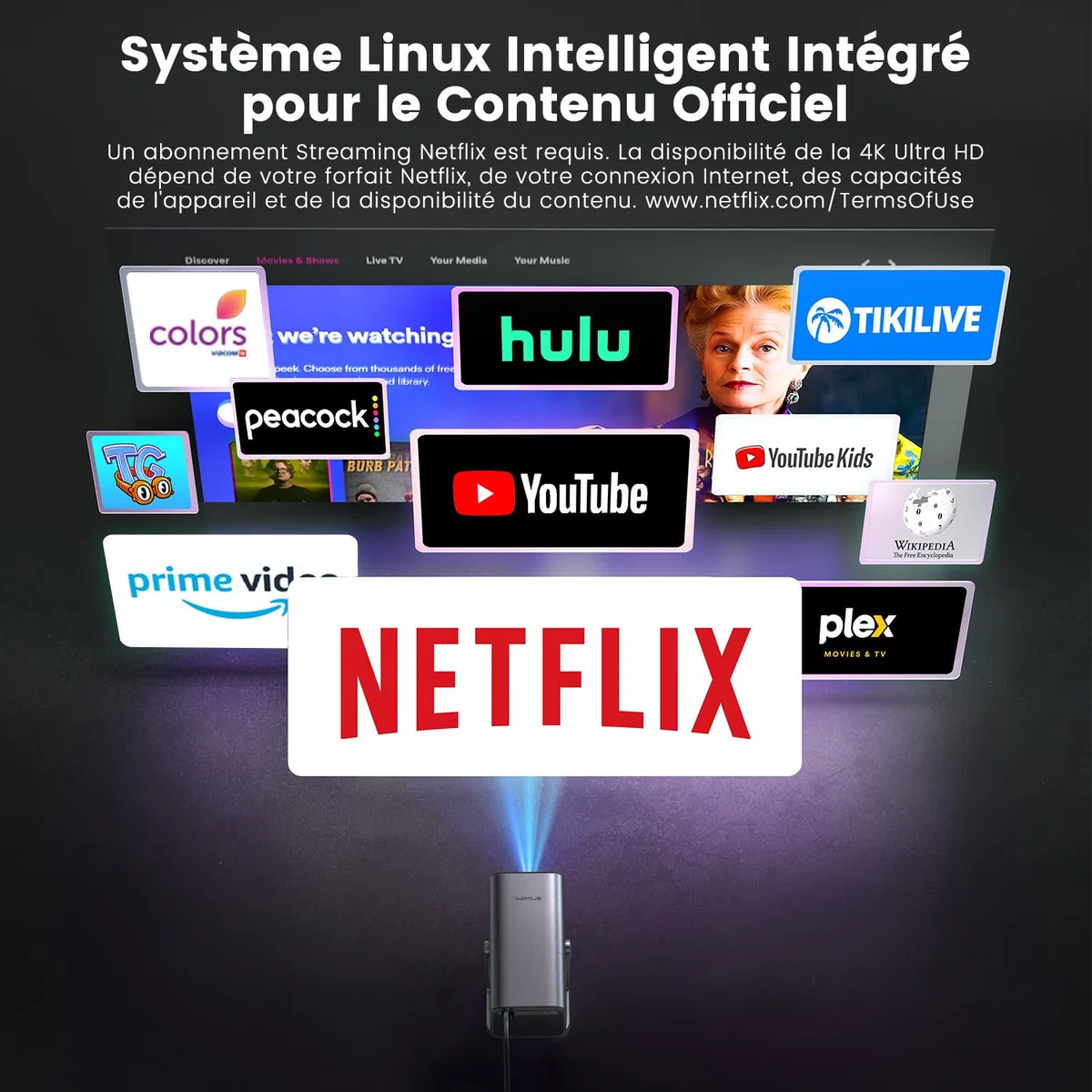 Inteligentny Przenośny Projektor [Netflix Ready/Dolby Audio] 4K Full HD 1080P Kino Domowe Projektory WiFi Bluetooth Obsługuje 800 ANSI, Auto Focus & Auto Keystone Verticale
