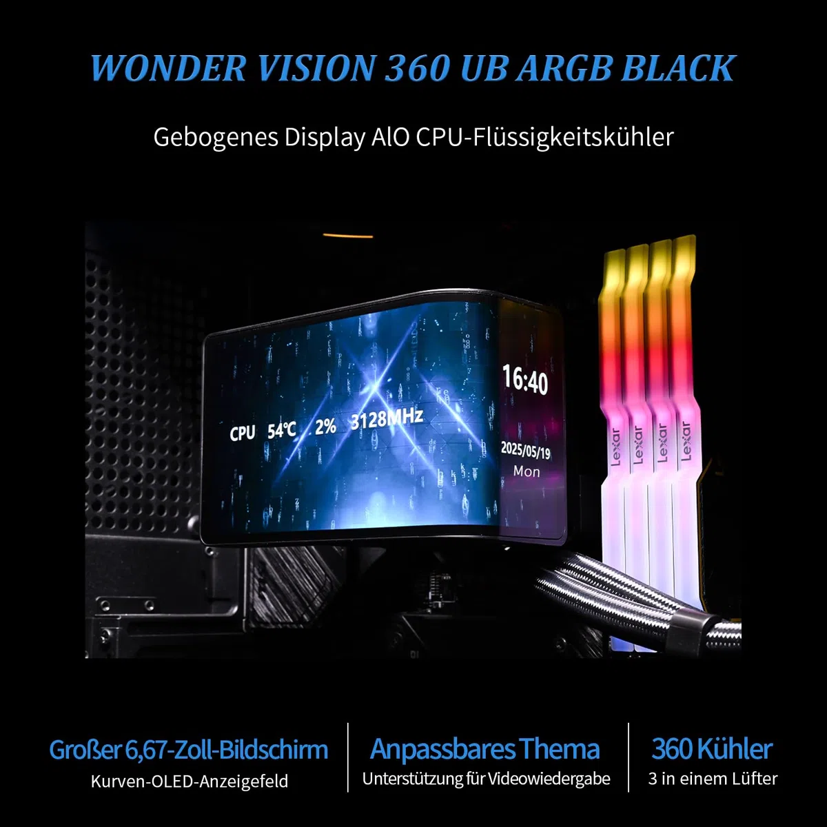 Thermalright TR Wonder Vision 360 UB ARGB czarny procesor chłodzący wodę, 6,67 cala, magnetyczny zakrzywiony ekran o rozdzielczości 2400 x 1080, ekran AMOLED, płynny procesor chłodzący do AM4/AM5