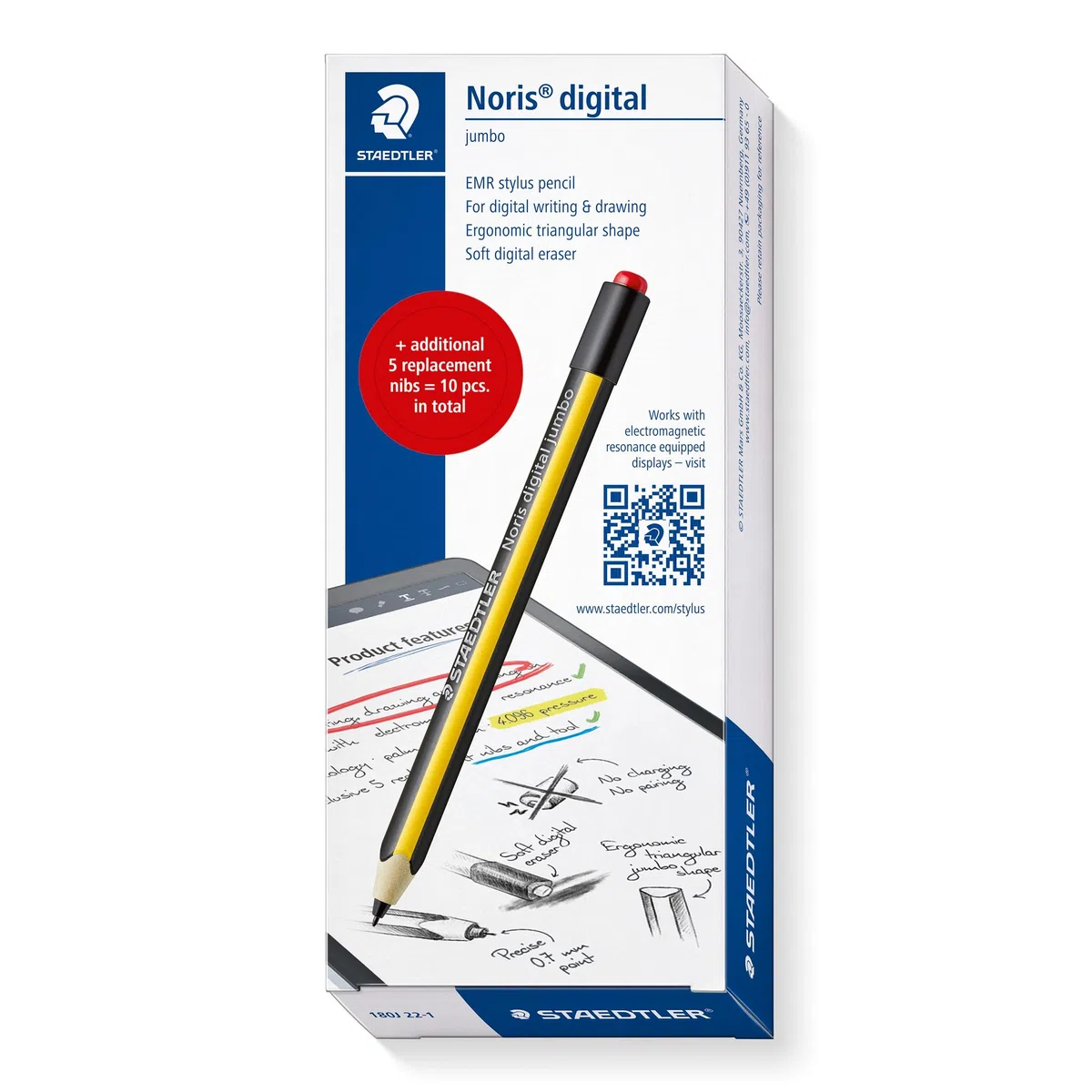 STAEDTLER Noris Digital Jumbo 180J 22 EMR zestaw rysików, 1 rysik z cyfrową gumką, do pisania cyfrowego, rysowania i wymazywania na ekranach dotykowych EMR + 5 dodatkowych końcówek zamiennych, 180J
