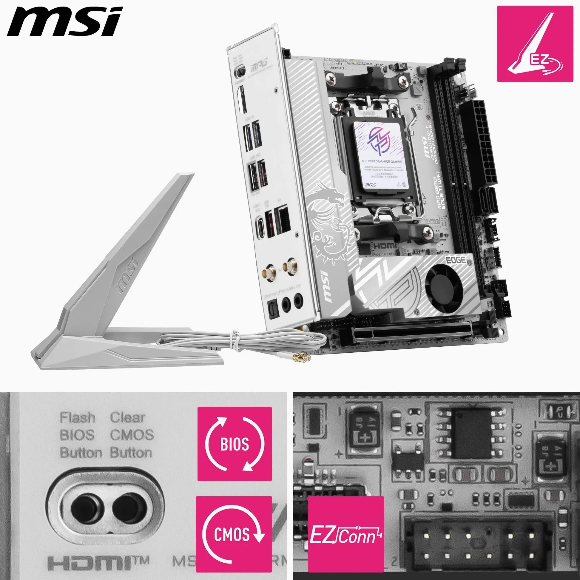 MSI Płyta główna MPG B850I EDGE TI WIFI, ATX - Obsługuje procesory AMD Ryzen 9000/8000/7000, AM5-90A SPS VRM, DDR5 Memory Boost (8200+MT/s OC), PCIe 5.0 x16, M.2 Gen5, Wi-Fi 7, 5G LAN