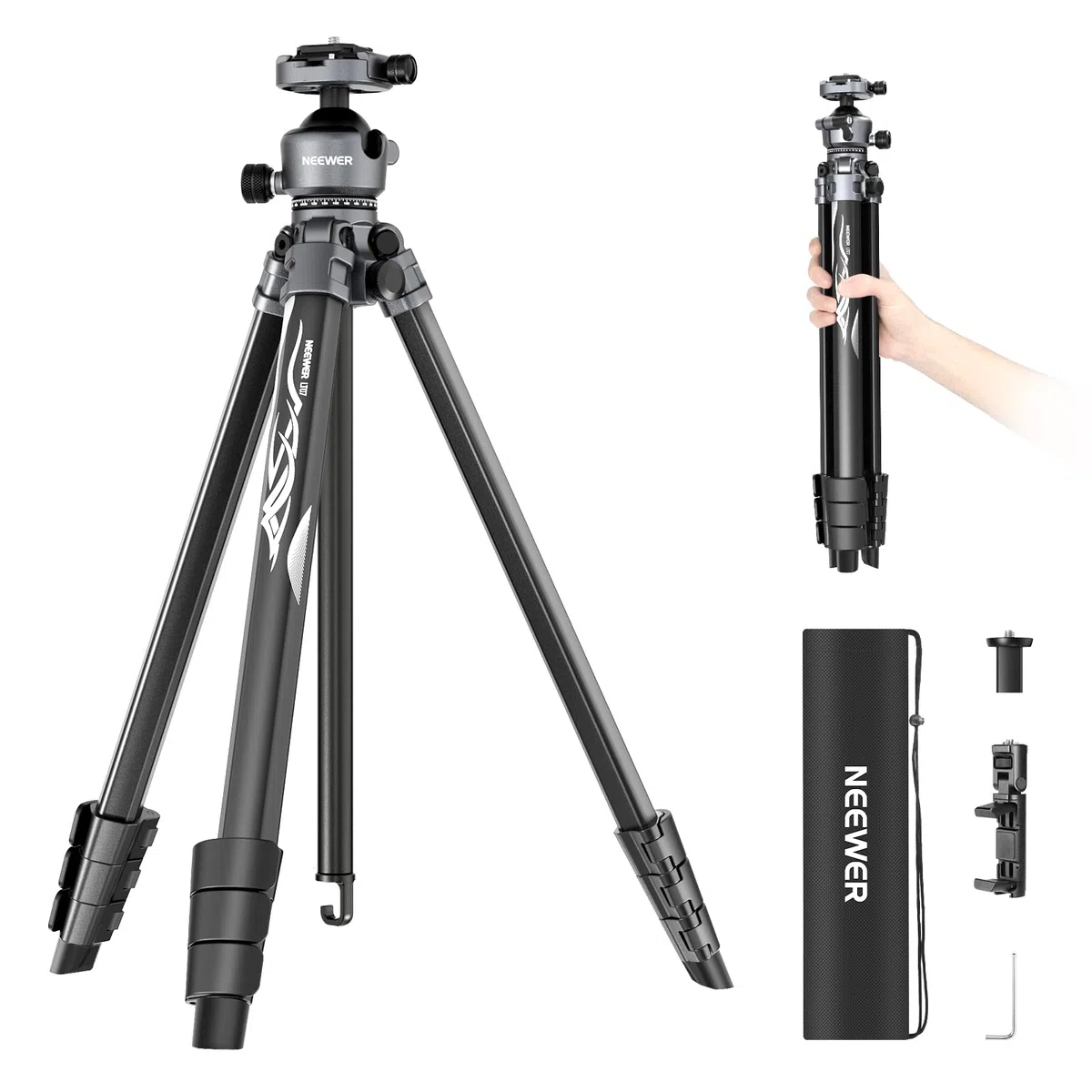 NEEWER LITETRIP LT07 Aluminiowy statyw do aparatu, głowica kulowa Pan Tilt, płyta Arca QR do płyty statywu Peak Design V3, podwójna oś środkowa, uchwyt na telefon, obciążenie do 10 kg, 155 cm
