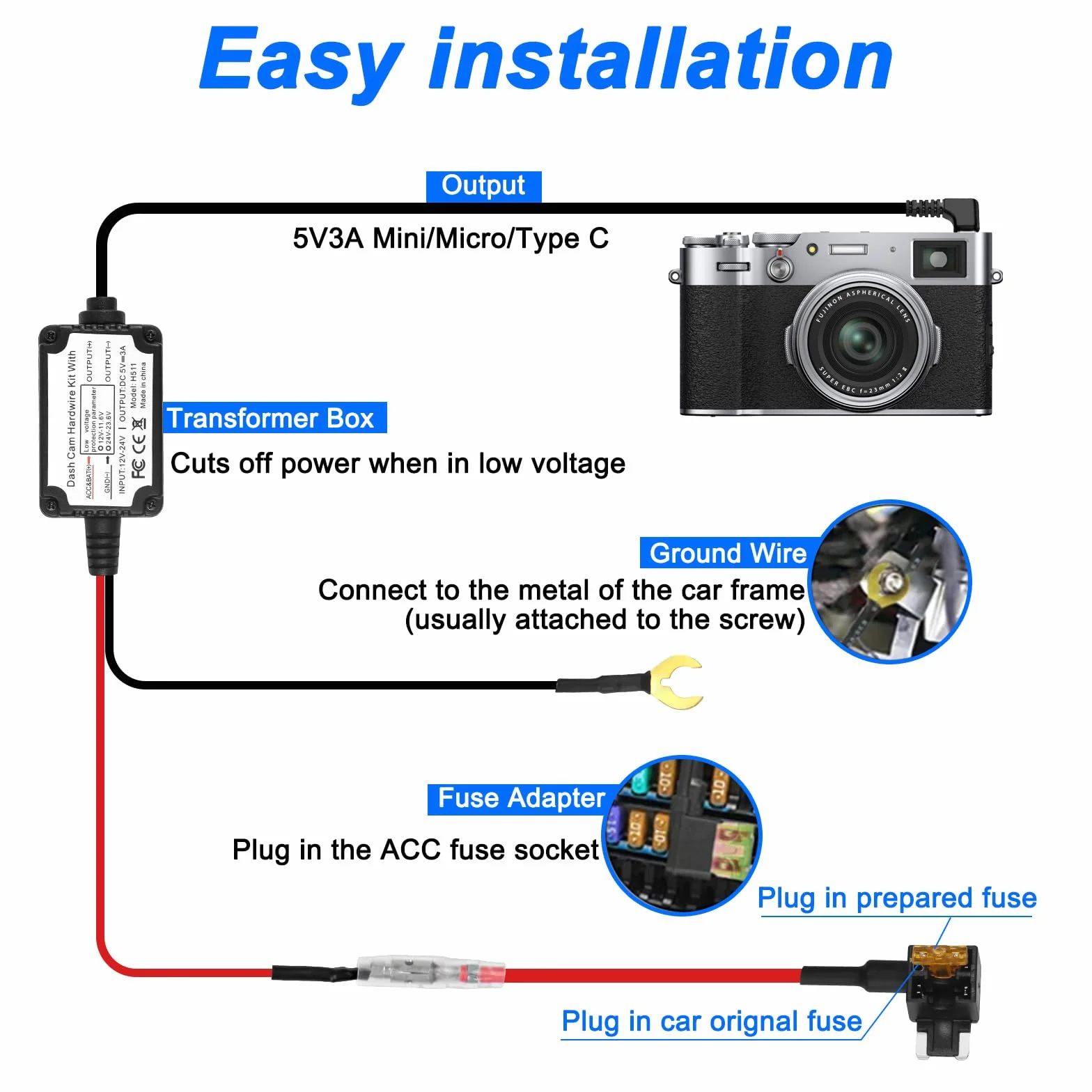 Zestaw do kamery samochodowej Hardwire Adapter USB typu C Micro/Mini USB 12 V-24 V do 5 V z kablama bezpiecznikowymi i narzędziem
