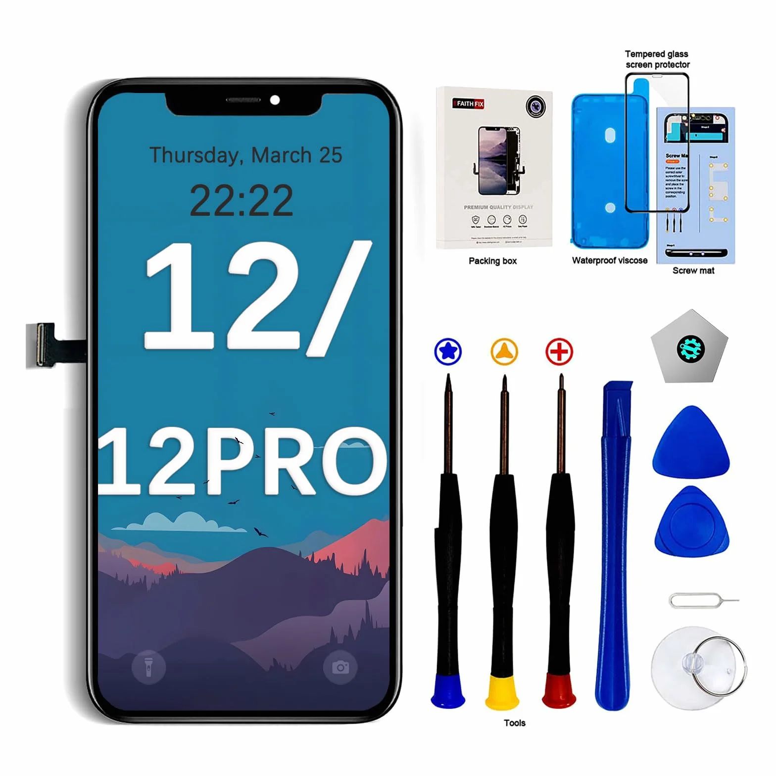 EFaith Zapasowy ekran do iPhone'a 12/12 Pro 6,1" Full HD LCD Dotykowy Digitizer Assembly z kompletnym zestawem naprawczym, ochraniaczem ekranu, model A2172, A2402, A2403, A2404, A2341, A2406