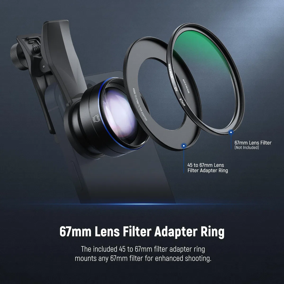 NEEWER Teleobiektyw 60 mm z gwintem 17 mm klips do obiektywu telefonu i pierścień adaptera filtra 67 mm, 2 x powiększenie kompatybilne z iPhone Samsung, LS-41 PRO