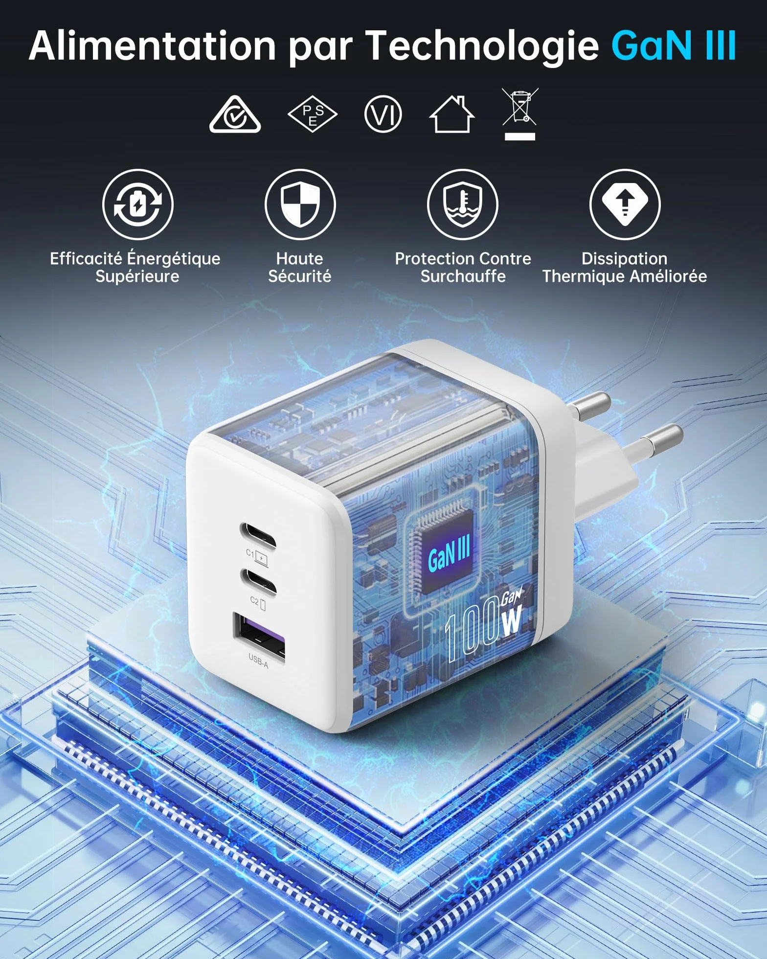 NOVOO Szybka ładowarka USB-C 100 W, 3-portowa wtyczka USB C, adapter kompatybilny z iPhone 16 Plus Pro Max, Galaxy PPS 45 W, S24 Ultra, S23, S22, Pixel, iPad, MacBook Air, biała