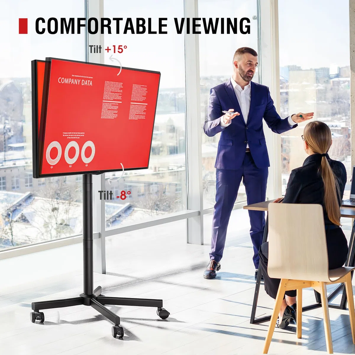 AOKCOS Stojak na telewizor z rolkami do 32-65-calowych telewizorów, wózek TV z tacą, stojak na telewizor z regulacją wysokości, mobilny stojak na telewizor na rolkach, wózek TV do 40 kg, maks. VESA