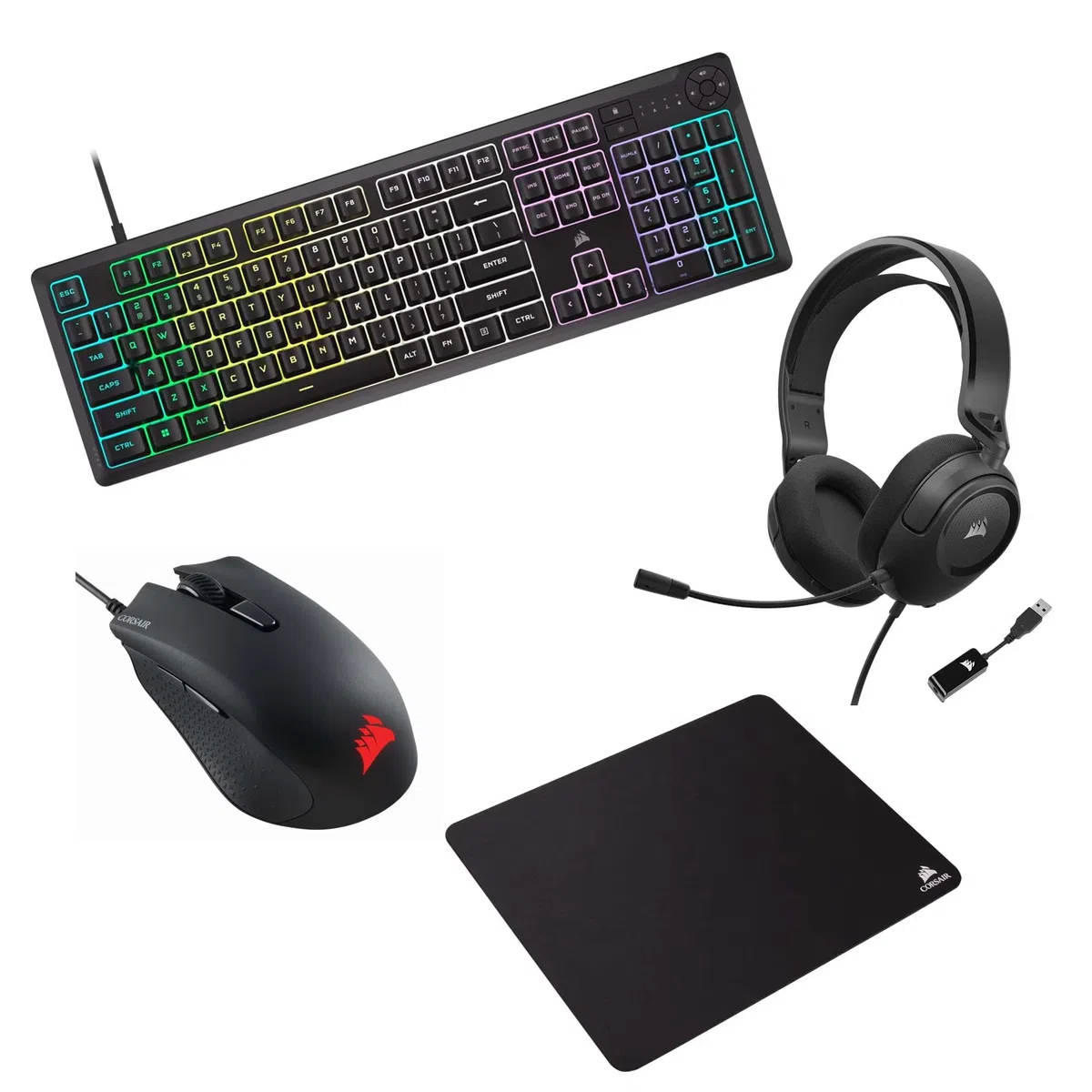Corsair K55 CORE klawiatura + HARPOON RGB PRO mysz + HS35 v2 SURROUND słuchawki + zestaw słuchawkowy MM100 do gier