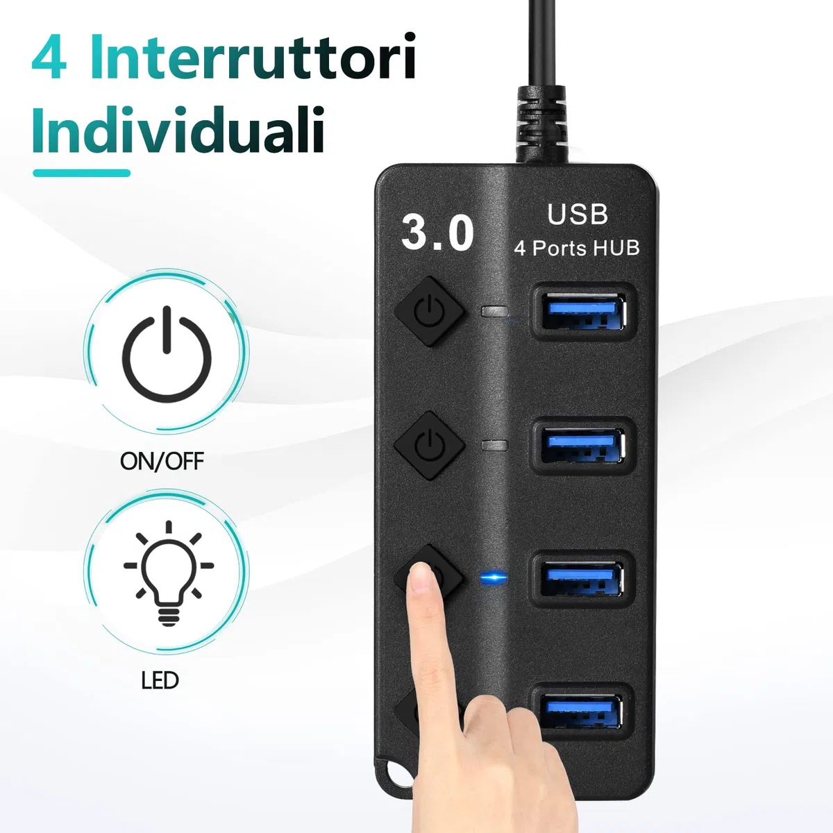 Hoppac Hub USB 3.0 i 2.0, 1 Port USB 3.0 i 3 Porte USB 2.0, Adapator z Lampką LED