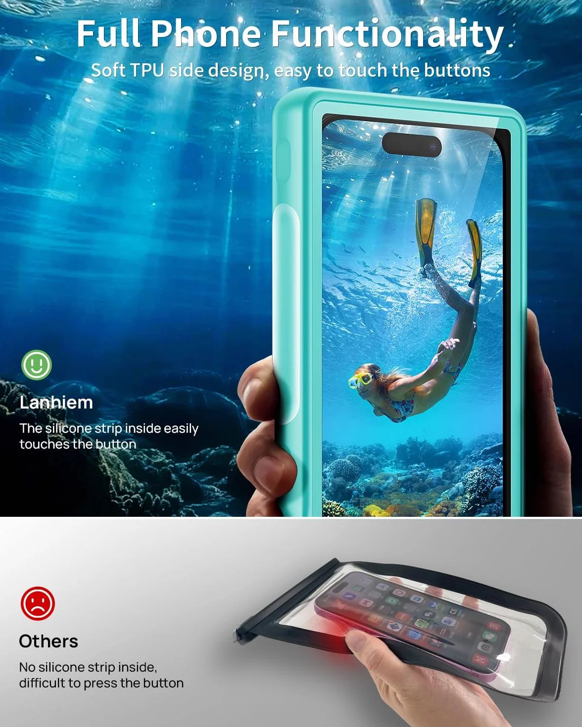Lanhiem Wodoodporny telefon komórkowy IP68 torba na telefon podwodny 15M do iPhone Samsung Huawei Xiaomi nurkowanie
