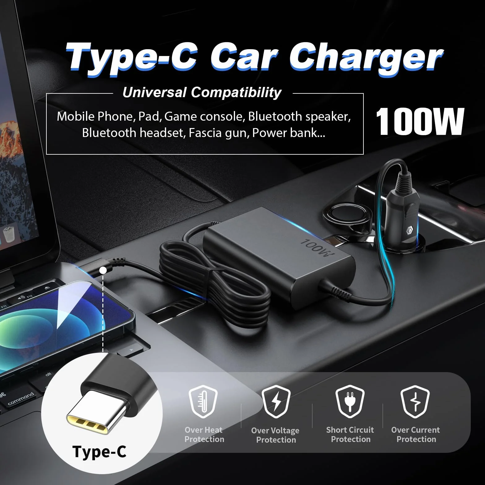 Ładowarka samochodowa USB C 100 W zasilacz samochodowy 12 V-24 V do Lenovo ThinkPad IdeaPad Yoga ThinkBook Asus ROG Flow HP Dell Acer Surface Book 2 MacBook Pro/Air Huawei Razer MSI kabel do ładowania