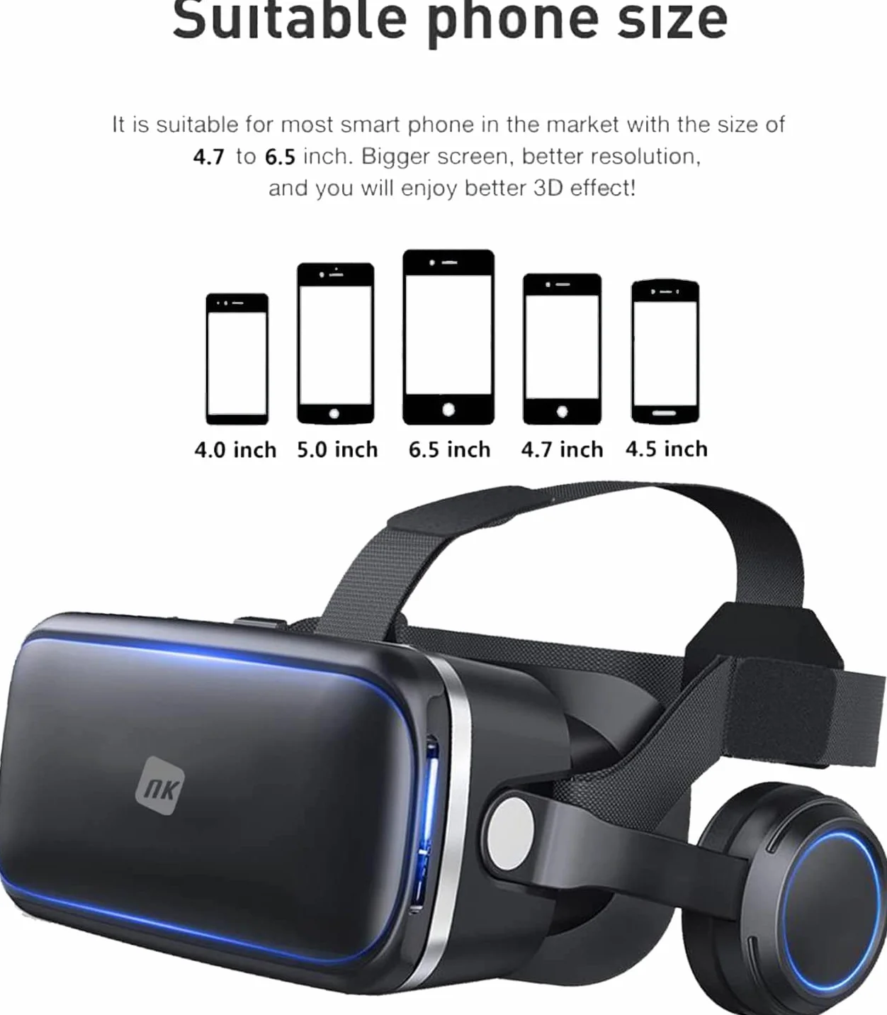 Okulary NK VR do smartfonów ze słuchawkami - Inteligentne okulary wirtualnej rzeczywistości 3D z dźwiękiem do smartfonów w zakresie od 4,7" do 6,53", kąt widzenia 90-100º, obrót o 360º, regulowany obiektyw i źrenica - czarne