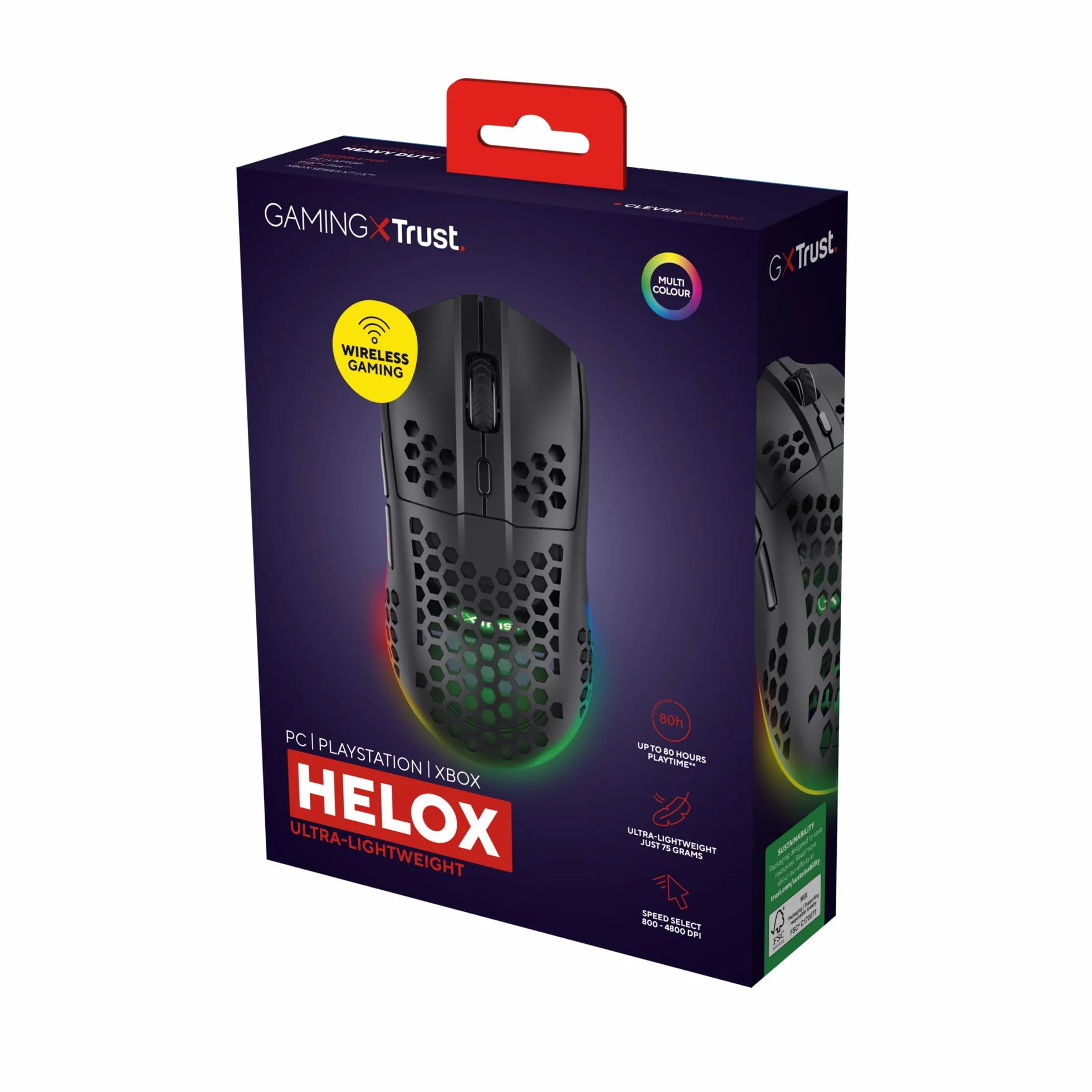 Trust Bezprzewodowa mysz gamingowa GXT 929 Helox, superlekka bezprzewodowa mysz 75 g, żywotność baterii 80 h, odbiornik micro USB 2,4 GHz, regulowany DPI (800-4800) do gier, laptopa, czarna