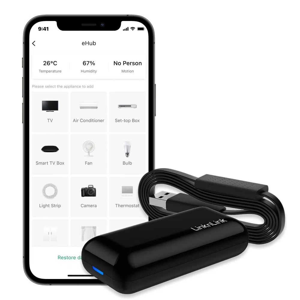 eHub uniwersalny pilot 5 w 1: sterowanie IR i RF z czujnikami ruchu, temperatury, wilgotności, 3 lata bezpłatnego eksportu danych, współpracuje z Alexa, Google Home, Modbus, Home Assistant