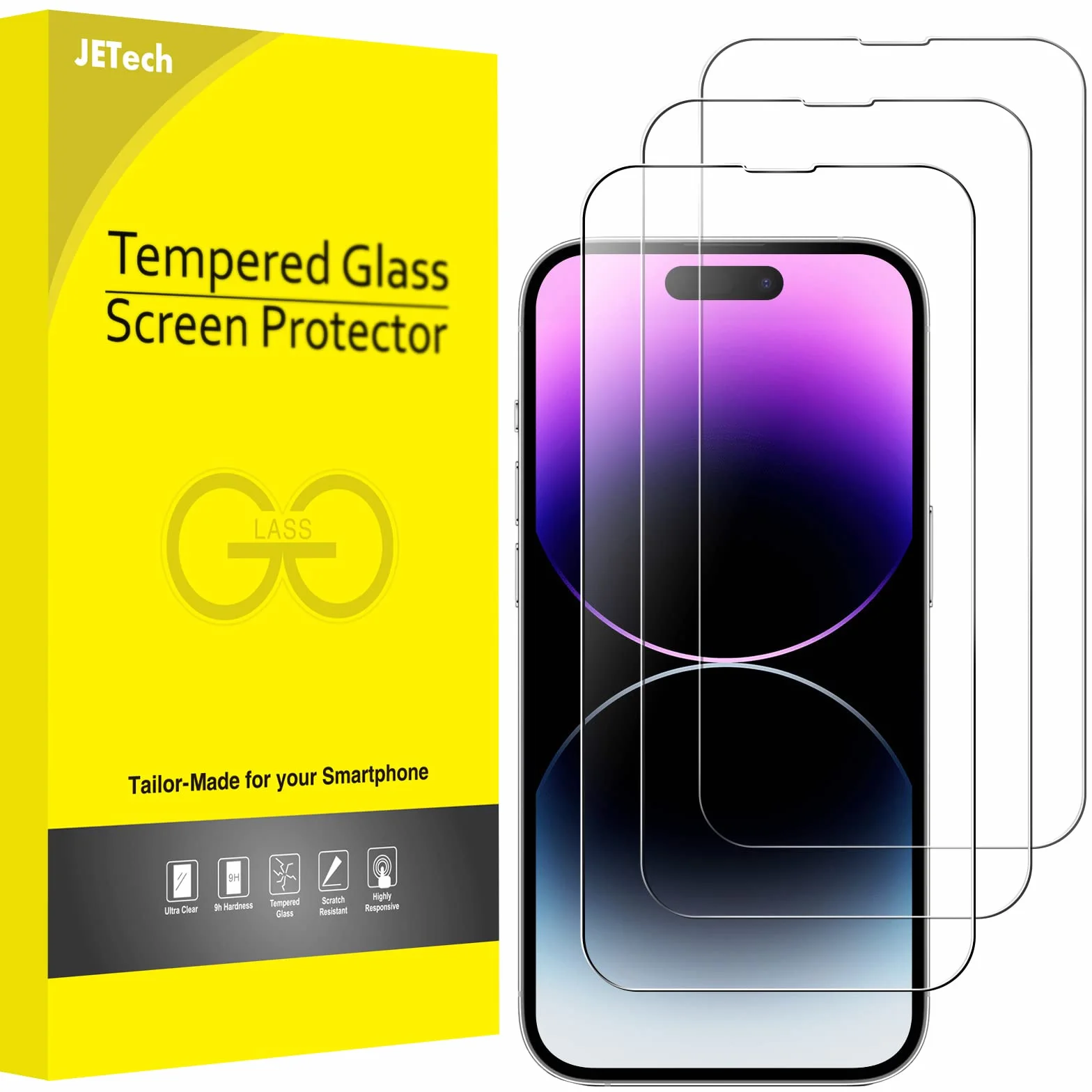 JETech Pełny Pokrycie Ochraniacz Ekranu dla iPhone 14 Pro 6,1 Cala, Screen Protector 9H Szkło Hartowane Film Folia, Przyjazny dla Przypadku, HD Przezroczyste, 3 Sztuki