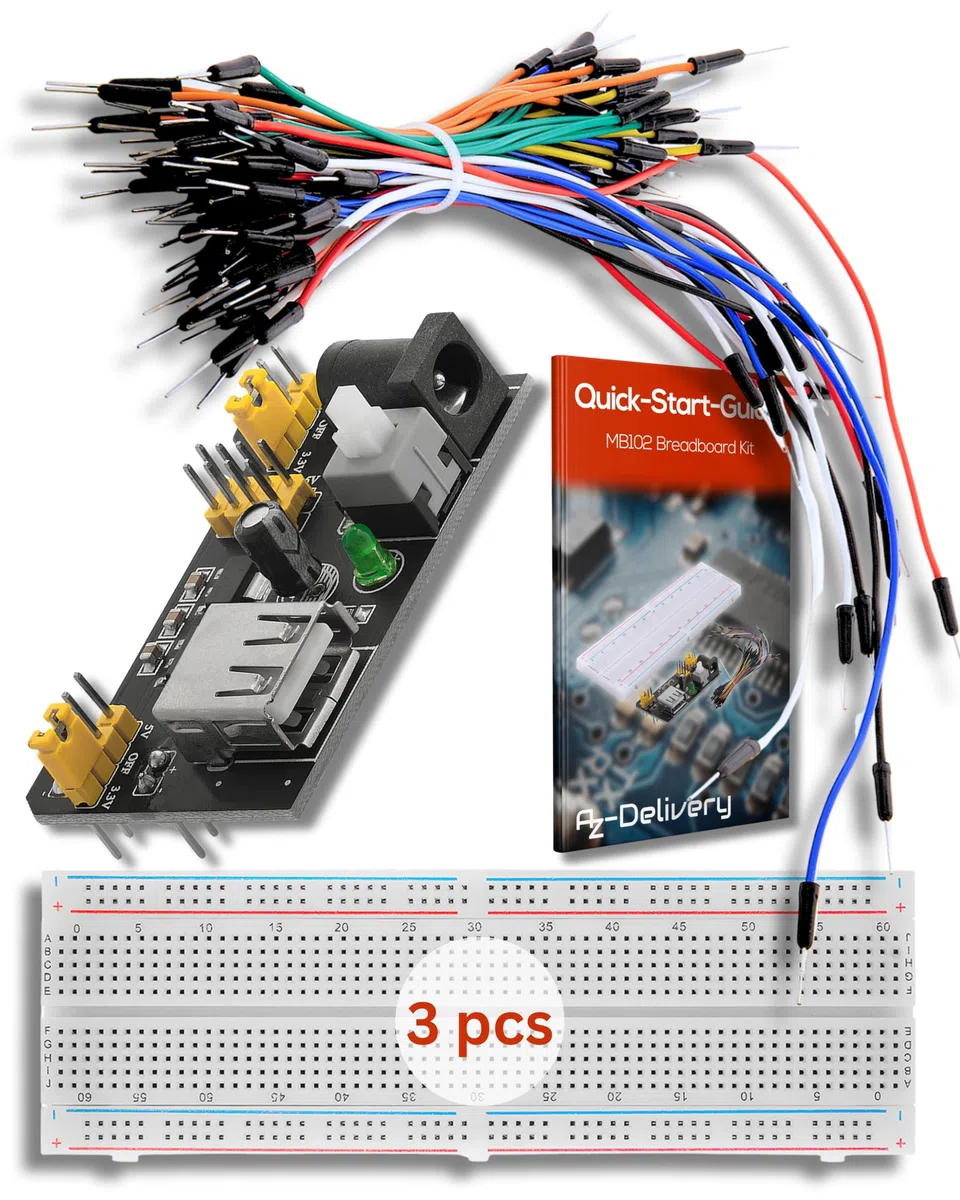 AZDelivery MB 102 Breadboard Kit - 830 breadboard, zasilacz 3,3V 5V, 65szt zworek kompatybilny z Arduino i Raspberry Pi w tym Ebook!