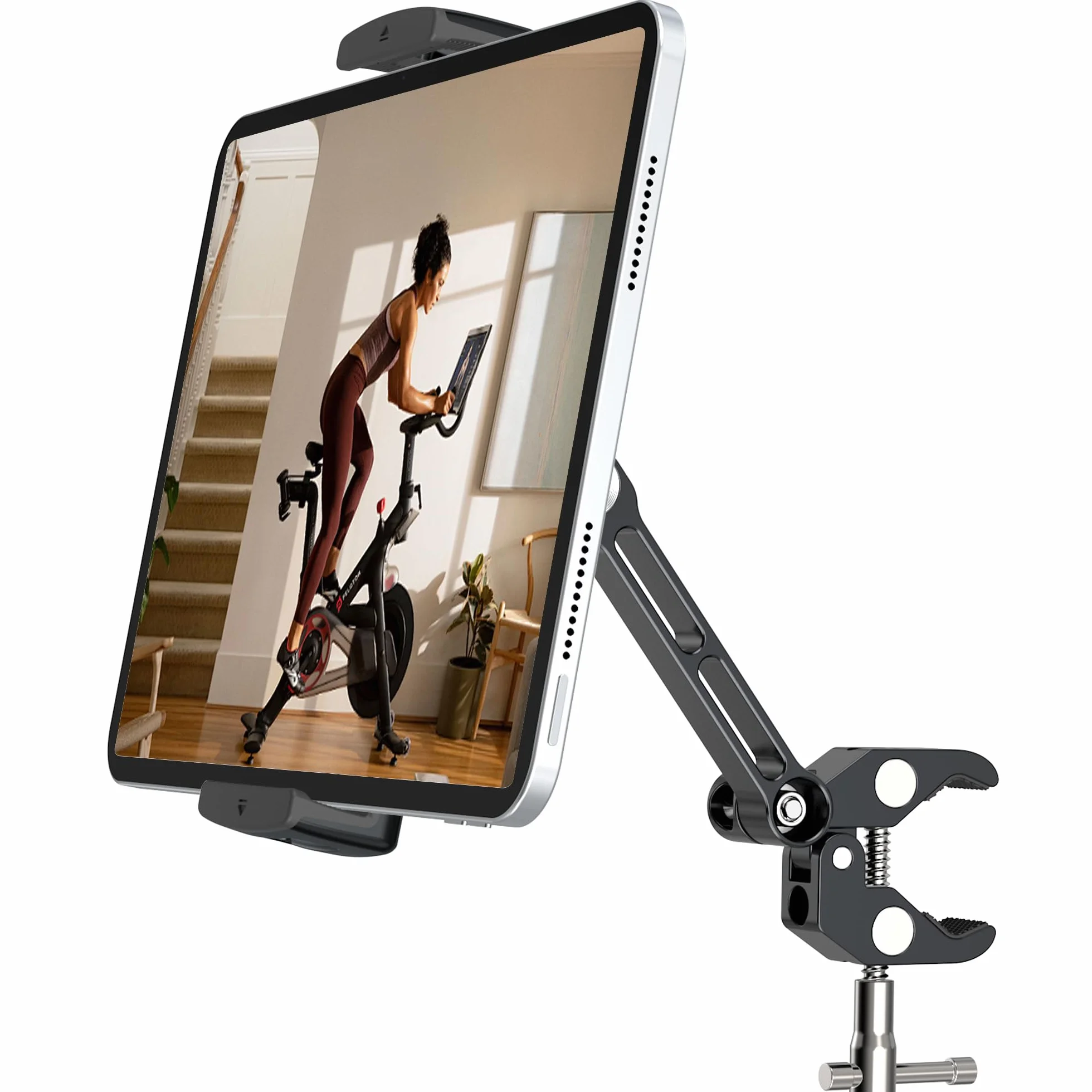 Uchwyt na tablet do roweru spinningowego, aluminiowy zacisk do montażu na tablecie stacjonarnym na bieżni rowerowej, wózek wewnętrzny peleton eliptyczny, kompatybilny z tabletem 10.2-33.0 cm iPad Pro
