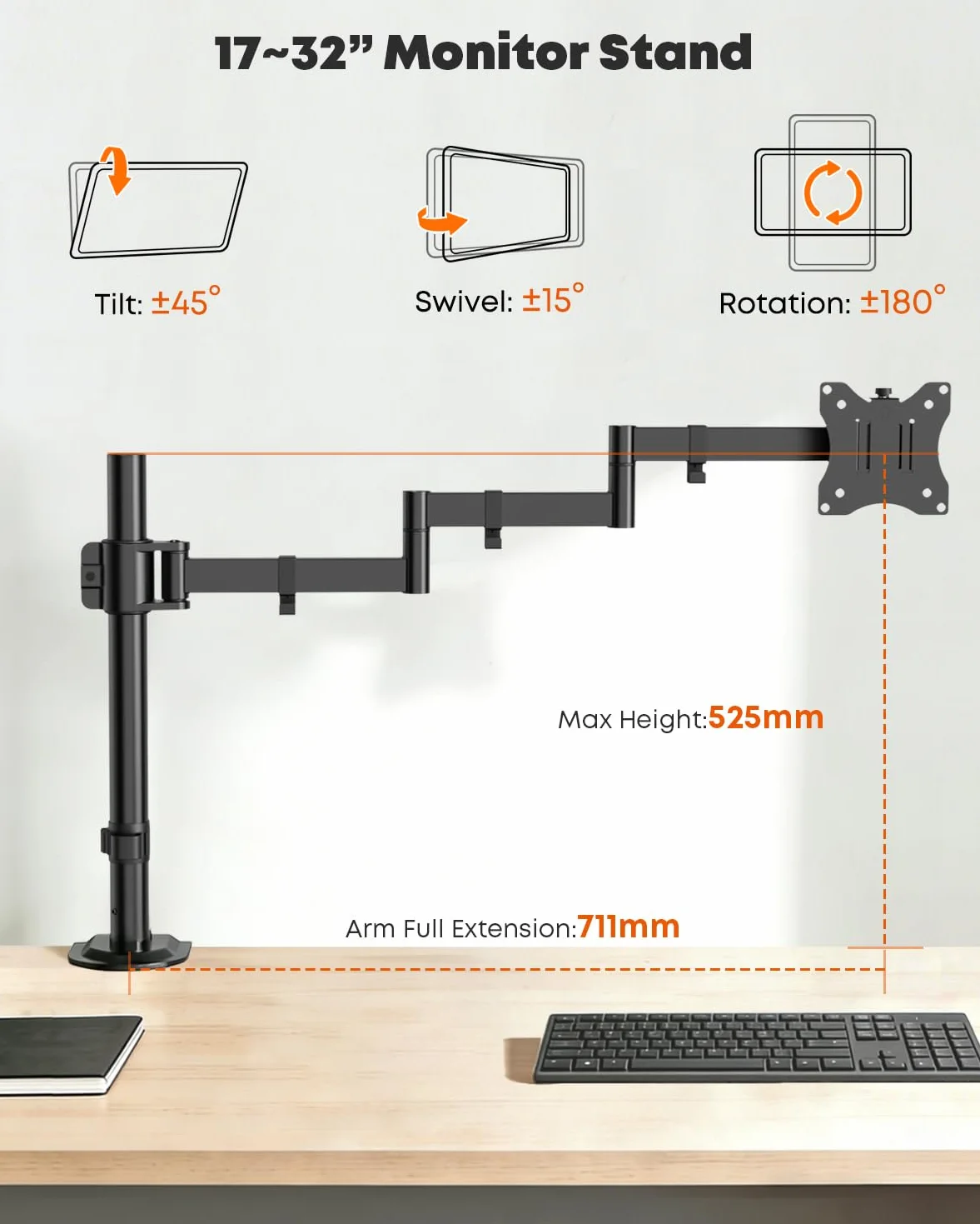 PUTORSEN Uchwyt do monitora 17–32 cali, długie ramię 711 mm, VESA 75/100 mm, 9 kg