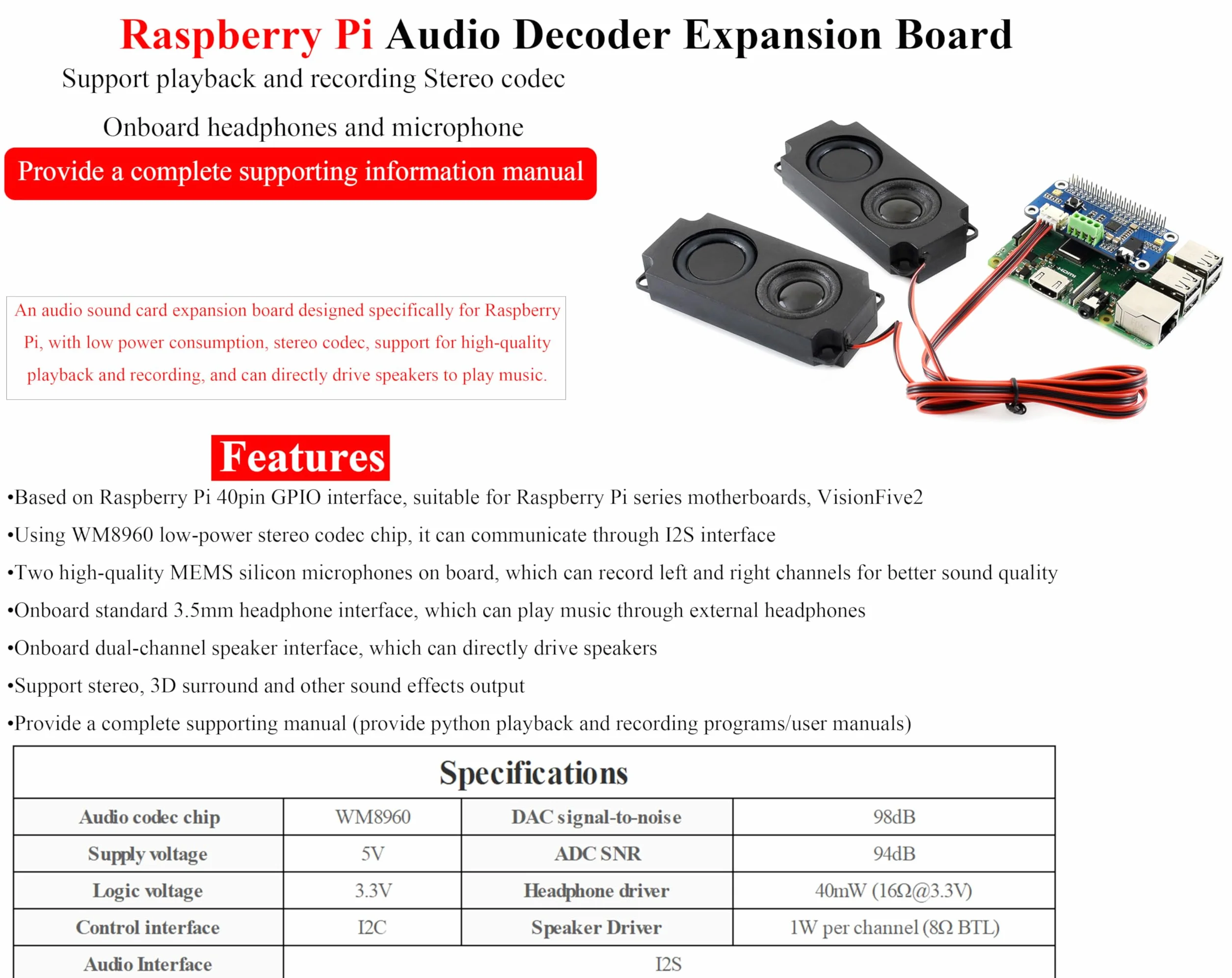 WM8960 Audio HAT kompatybilny z Raspberry Pi 5/4B/3B+/3B, Hi-Fi karta dźwiękowa stereo CODEC