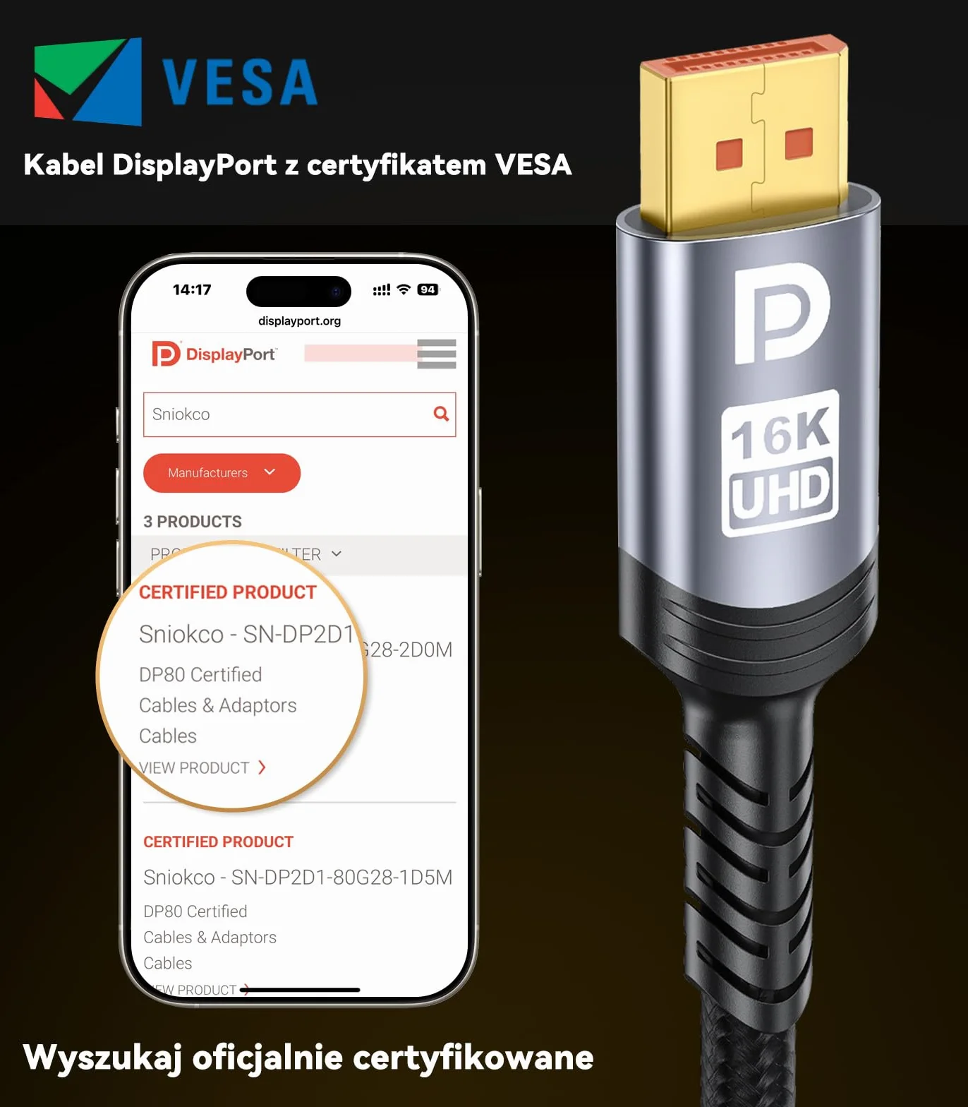 Sniokco 80Gbps Kabel DisplayPort 2.1 1.5M, VESA Certyfikat 16K DP Kabel 16K@60Hz 8K@240Hz 4K@540Hz 360Hz 240Hz Kompatybilny z HDR HDCP 2.3 DSC FreeSync G-Sync Monitor Grafika RTX 5090 4090 PC HDTV