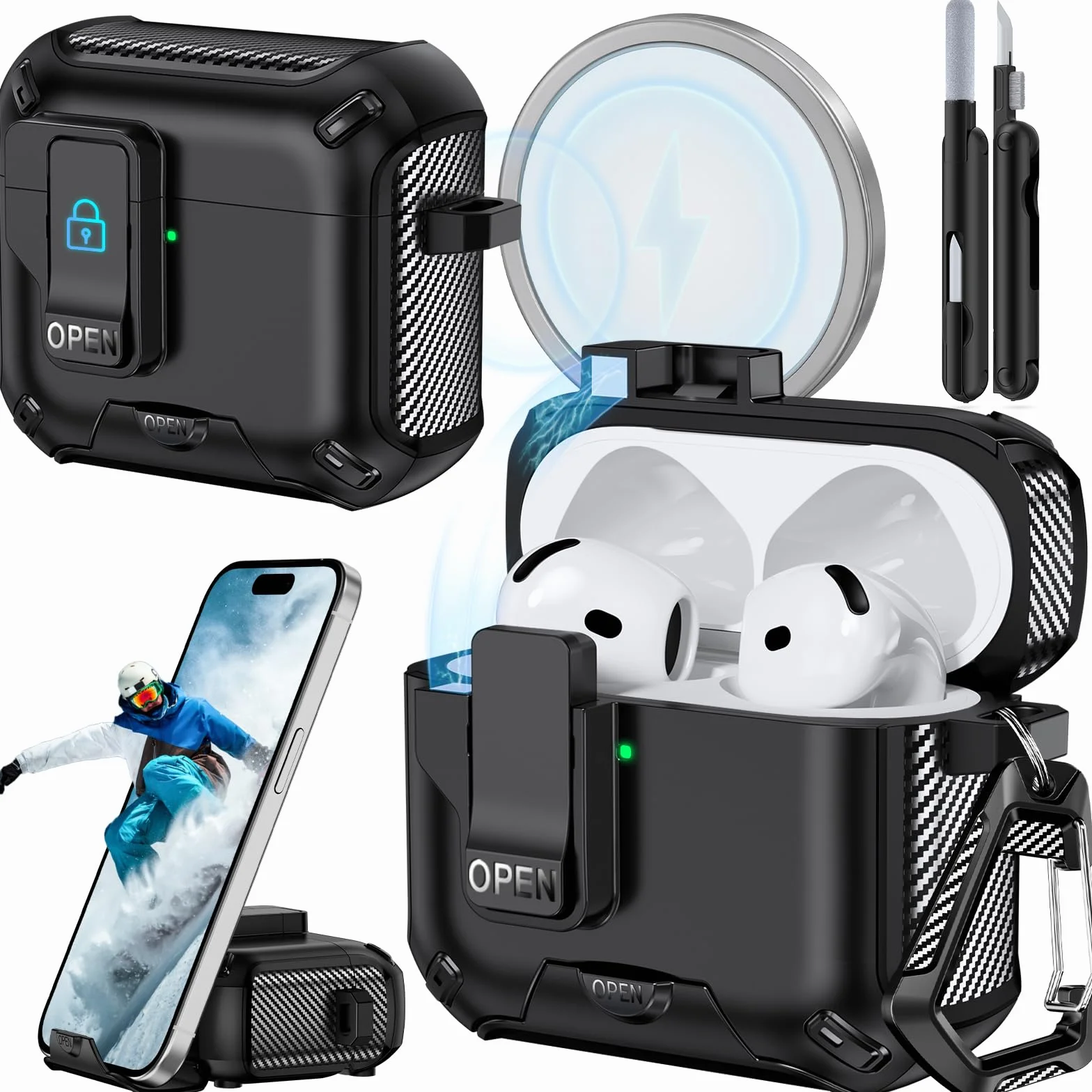 Kompatybilne z AirPods 4 Etui z podpórką telefoniczną, Etui ochronne w designie włókna węglowego dla AirPods 4 ANC z automatycznym zatrzaskiem i szczoteczką do czyszczenia (Czarny)
