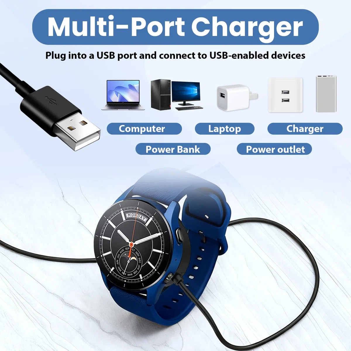 2 sztuki kabla USB do ładowania kompatybilny z Xiaomi Watch S1 / Color Sport / Color2 Active, ładowarka zastępcza, kabel do szybkiego ładowania, magnetyczna ładowarka USB, przenośny kabel do